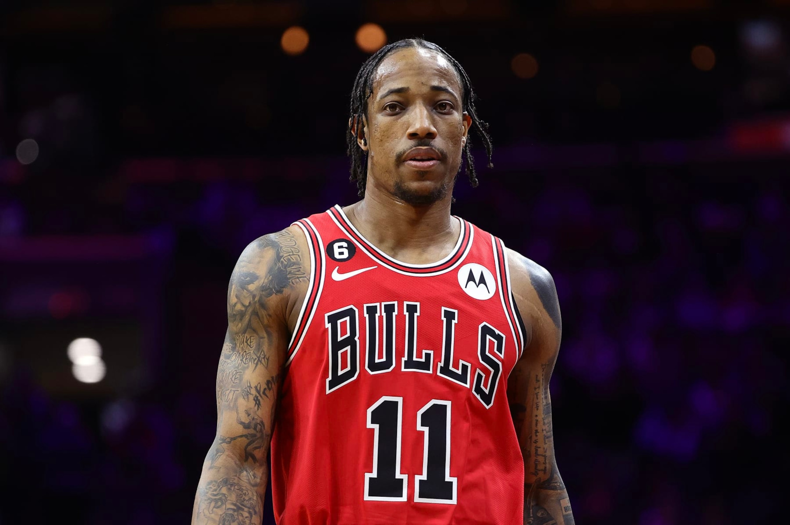 PHILADELPHIA, PENNSYLVANIA - MARCH 20: DeMar DeRozan #11 of the Chicago Bulls looks on during the first quarter against the Philadelphia 76ers at Wells Fargo Center on March 20, 2023 in Philadelphia, Pennsylvania. NOTE TO USER: User expressly acknowledges and agrees that, by downloading and or using this photograph, User is consenting to the terms and conditions of the Getty Images License Agreement. (Photo by Tim Nwachukwu/Getty Images) (Photo by Tim Nwachukwu/Getty Images)