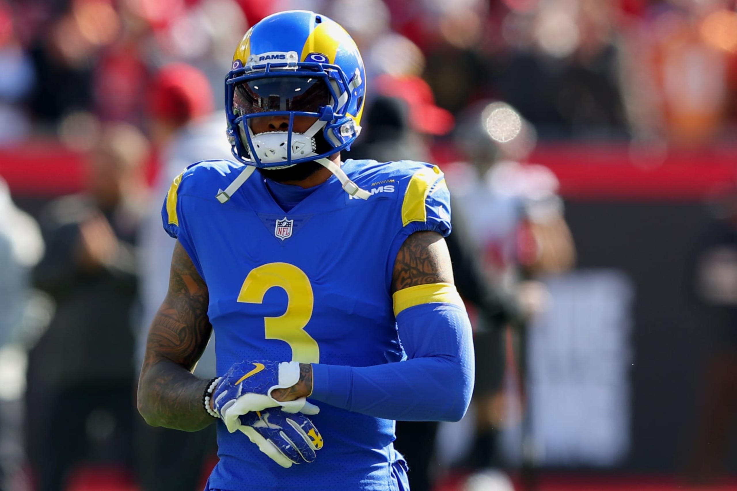 TAMPA, FLORIDA - JANUARY 23: Odell Beckham Jr. #3 of the Los Angeles Rams warms up prior to facing the Tampa Bay Buccaneers in the NFC Divisional Playoff game at Raymond James Stadium on January 23, 2022 in Tampa, Florida. (Photo by Kevin C. Cox/Getty Images)