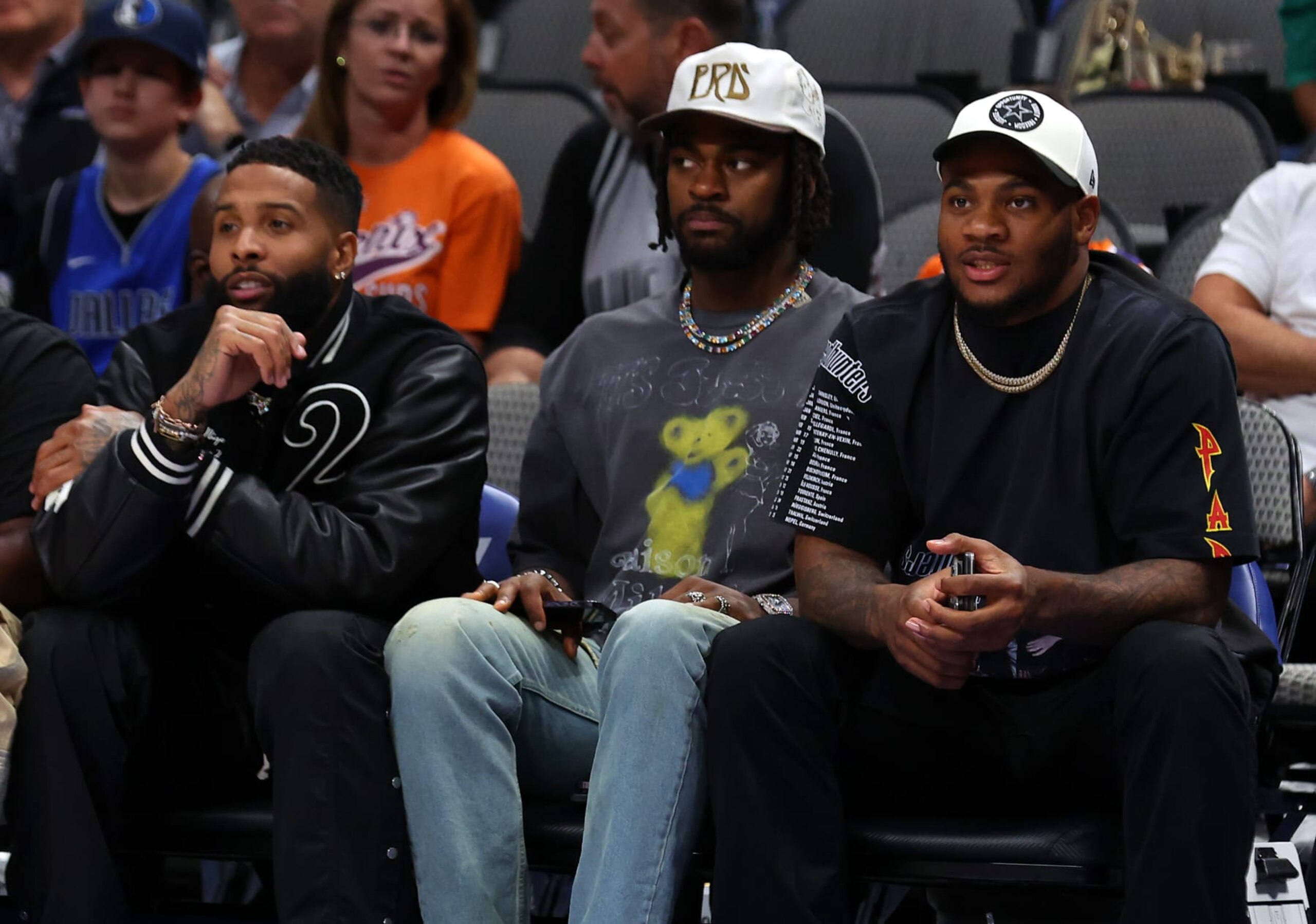 DALLAS, TEXAS - DECEMBER 05: Odell Beckham Jr. attends the NBA game between the Phoenix Suns and Dallas Mavericks with Dallas Cowboys Micah Parsons and Trevon Diggs at American Airlines Center on December 05, 2022 in Dallas, Texas. NOTE TO USER: User expressly acknowledges and agrees that, by downloading and/or using this Photograph, user is consenting to the terms and conditions of the Getty Images License Agreement. (Photo by Richard Rodriguez/Getty Images)