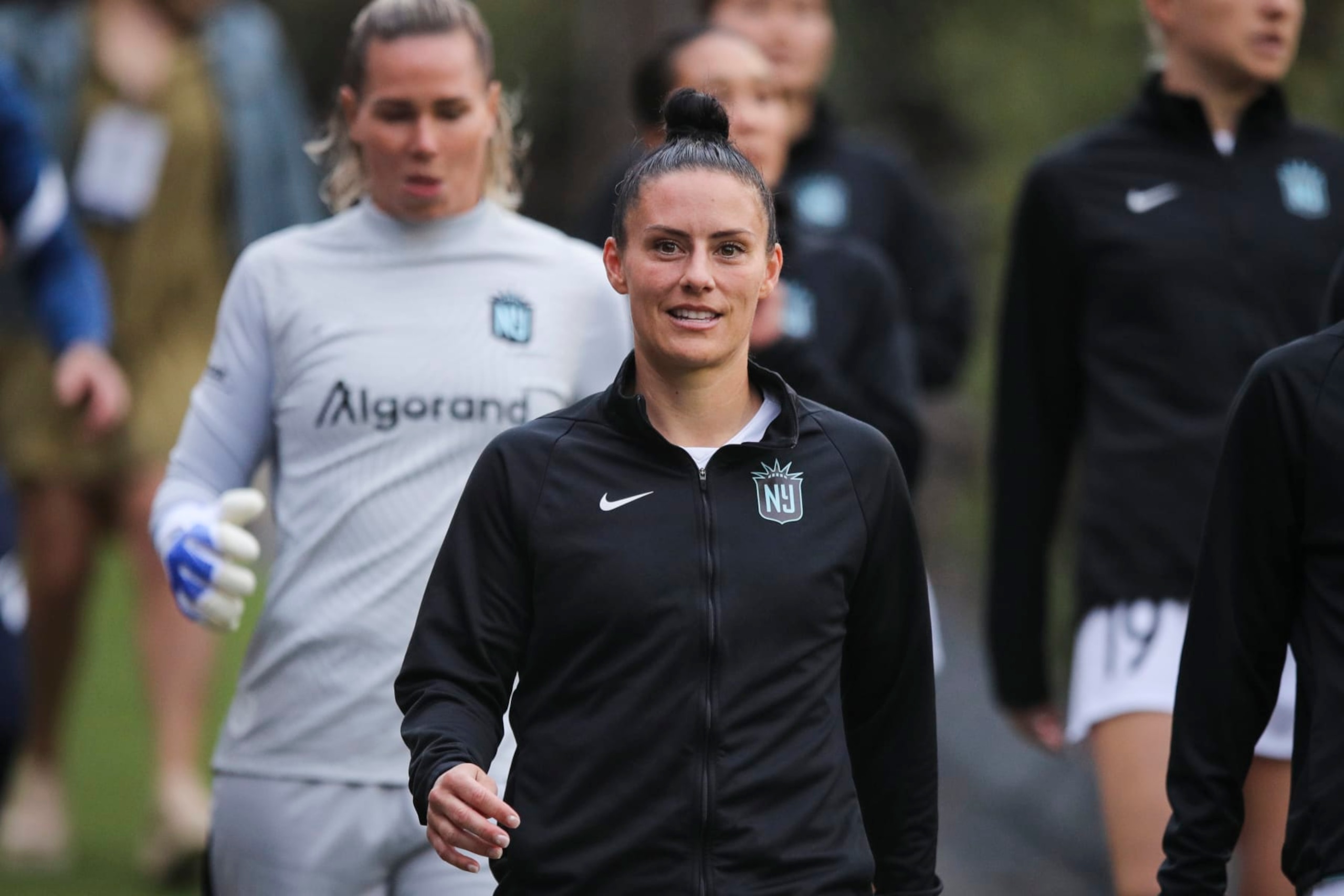 SAN DIEGO, CALIFORNIA - MAY 07: Ali Krieger #11 of NJ/NY Gotham FC walks down to the stadium for the game ;S at Torero Stadium on May 07, 2022 in San Diego, California. (Photo by Meg Oliphant/Getty Images)
