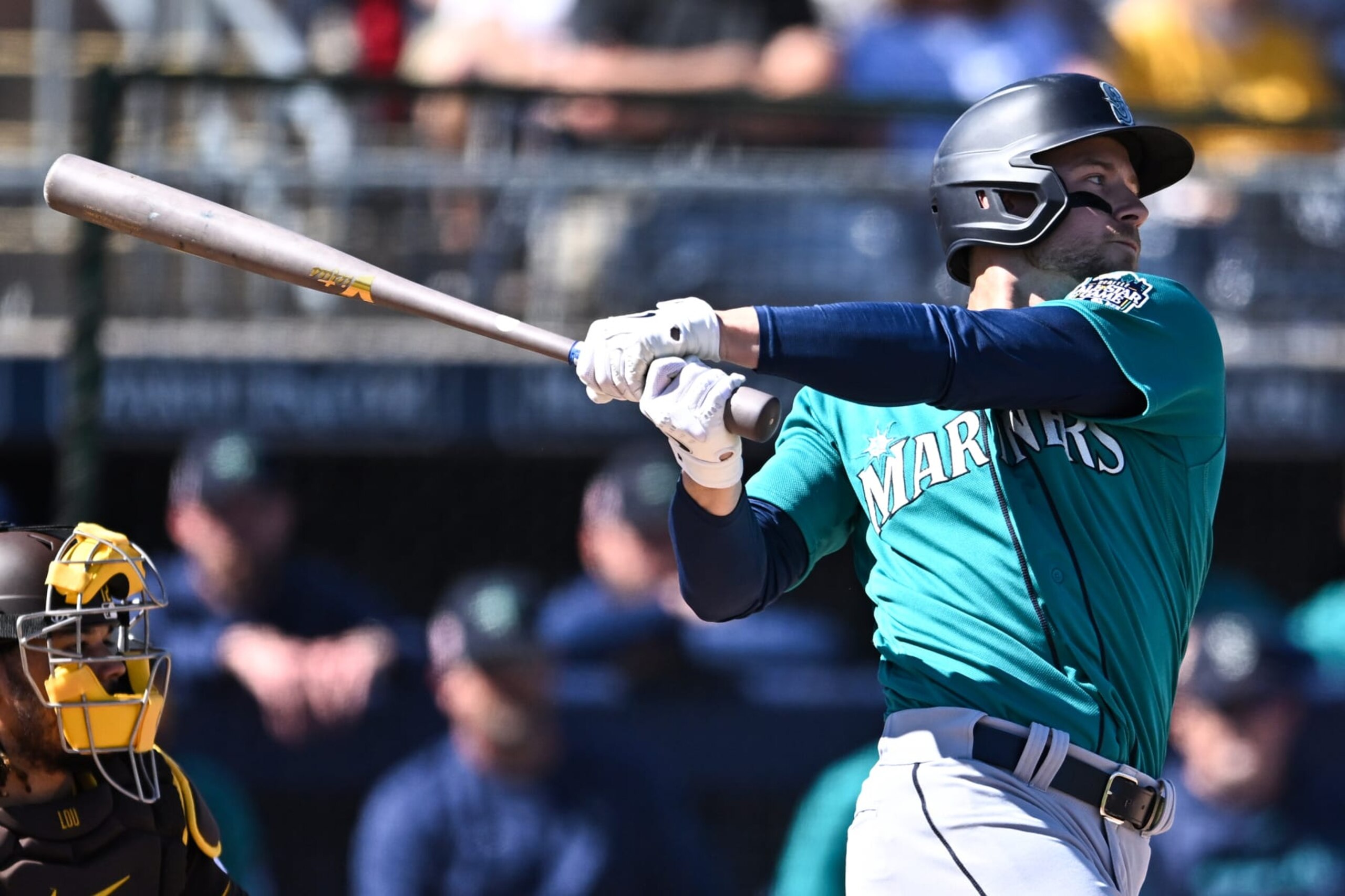 PEORIA, ARIZONA - FEBRUARY 24, 2023: Jarred Kelenic #10 of the Seattle Mariners bats during the second inning of a spring training game against the San Diego Padres at Peoria Stadium on February 24, 2023 in Peoria, Arizona. (Photo by Chris Bernacchi/Diamond Images via Getty Images)