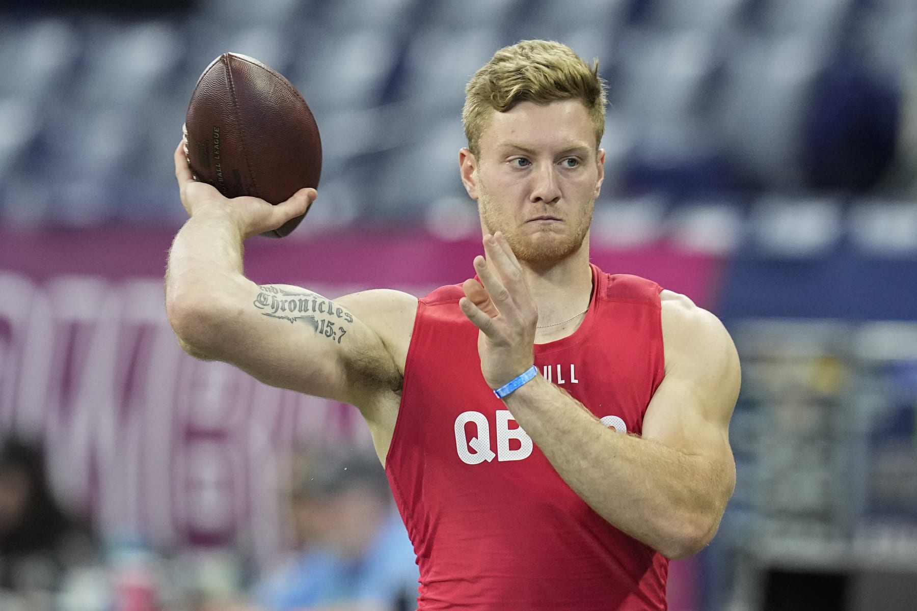 Kentucky quarterback Will Levis runs a drill at the NFL football scouting combine in Indianapolis, Saturday, March 4, 2023. (AP Photo/Darron Cummings)