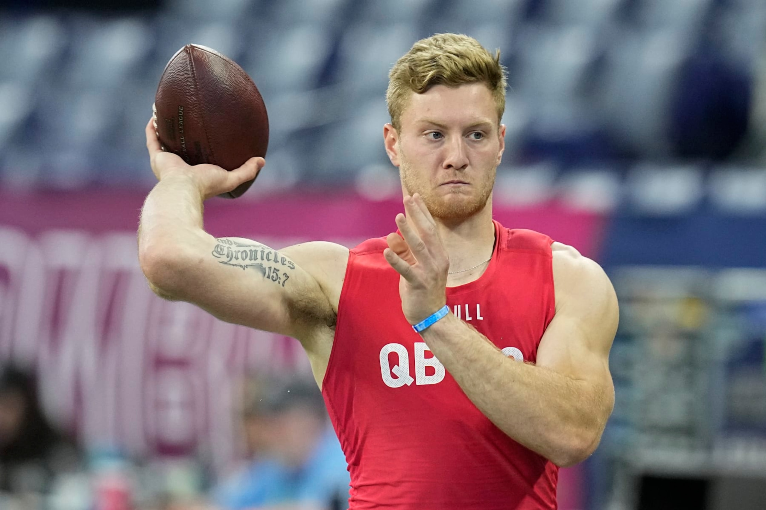 Kentucky quarterback Will Levis runs a drill at the NFL football scouting combine in Indianapolis, Saturday, March 4, 2023. (AP Photo/Darron Cummings)