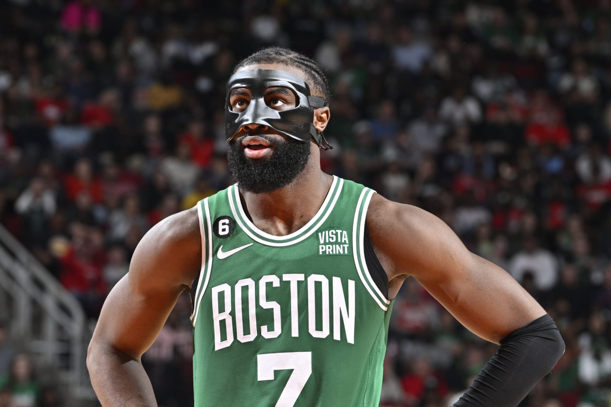 HOUSTON, TX - MARCH 13: Jaylen Brown #7 of the Boston Celtics looks on during the game against the Houston Rockets on March 13, 2023 at the Toyota Center in Houston, Texas. NOTE TO USER: User expressly acknowledges and agrees that, by downloading and or using this photograph, User is consenting to the terms and conditions of the Getty Images License Agreement. Mandatory Copyright Notice: Copyright 2023 NBAE (Photo by Logan Riely/NBAE via Getty Images)