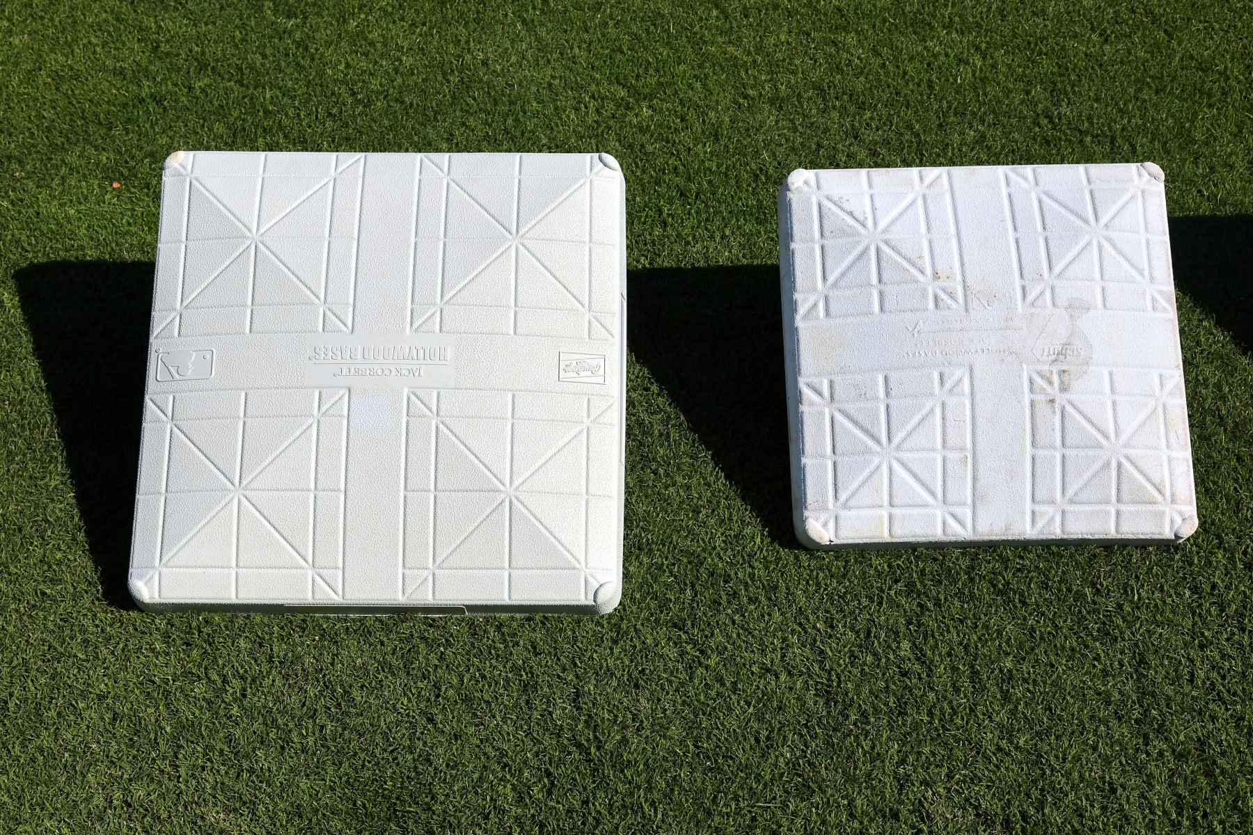 DUNEDIN, FL - FEBRUARY 15:  A detail shot of the new larger bases during the On-Field Rules Demonstration at TD Ballpark on Wednesday, February 15, 2023 in Dunedin, Florida. (Photo by Mike Carlson/MLB Photos via Getty Images)