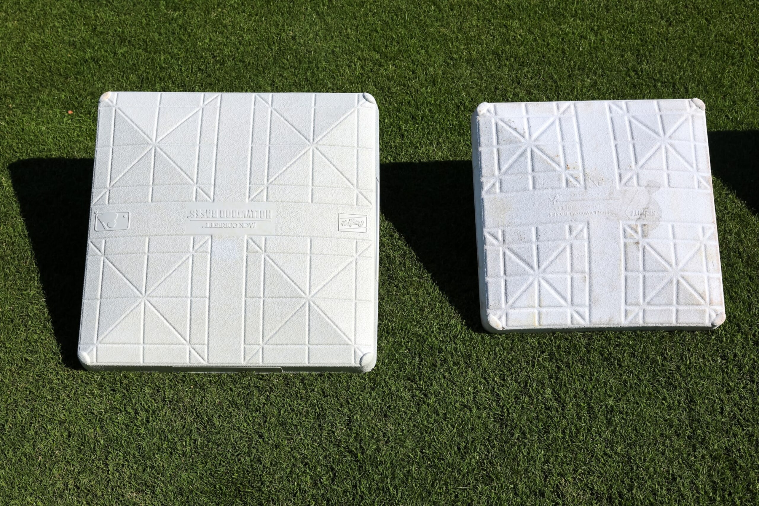 DUNEDIN, FL - FEBRUARY 15:  A detail shot of the new larger bases during the On-Field Rules Demonstration at TD Ballpark on Wednesday, February 15, 2023 in Dunedin, Florida. (Photo by Mike Carlson/MLB Photos via Getty Images)