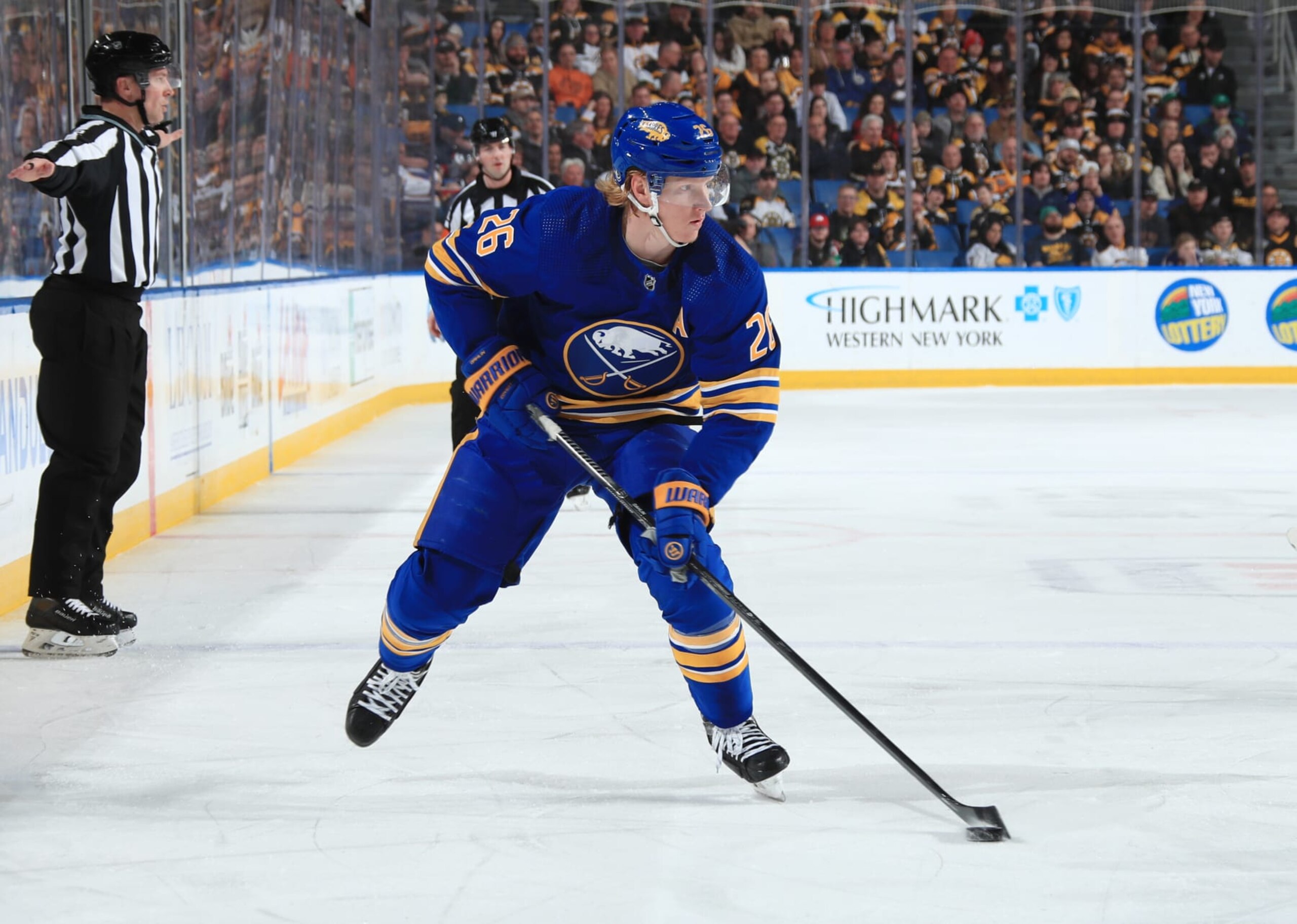 BUFFALO, NY - MARCH 19: Rasmus Dahlin #26 of the Buffalo Sabres skates against the Boston Bruins during an NHL game on March 19, 2023 at KeyBank Center in Buffalo, New York. (Photo by Bill Wippert/NHLI via Getty Images)