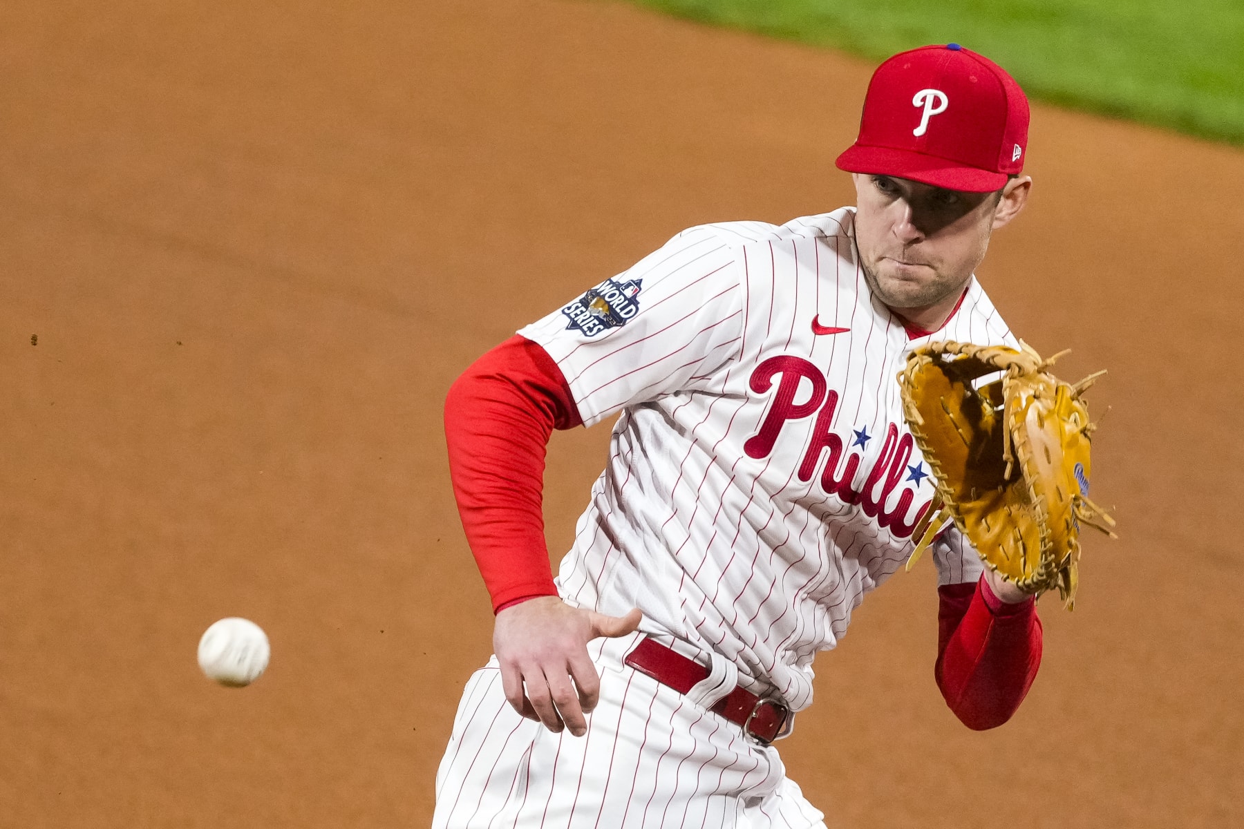 Philadelphia Phillies first baseman Rhys Hoskins in action during the in Game 3 of baseball's World Series against the Houston Astros, Tuesday, Nov. 1, 2022, in Philadelphia. (AP Photo/Chris Szagola)