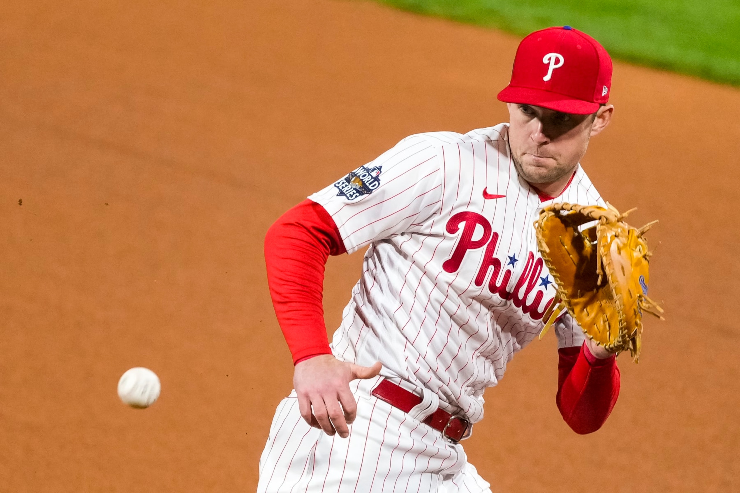 Philadelphia Phillies first baseman Rhys Hoskins in action during the in Game 3 of baseball's World Series against the Houston Astros, Tuesday, Nov. 1, 2022, in Philadelphia. (AP Photo/Chris Szagola)