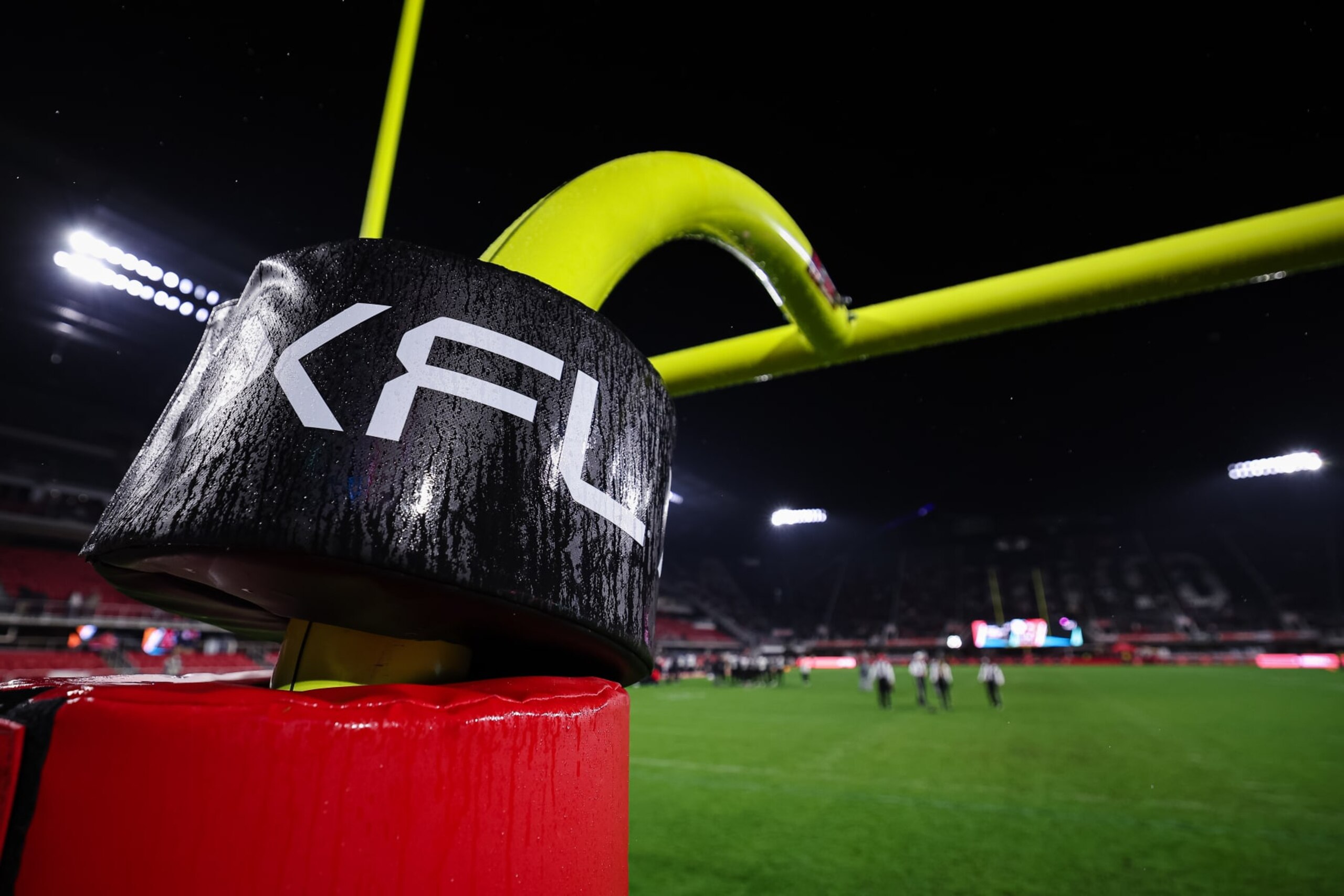 WASHINGTON, DC - MARCH 12: A general view of the XFL logo on the goalpost padding during the second half of the game between the DC Defenders and the Vegas Vipers at Audi Field on March 12, 2023 in Washington, DC. (Photo by Scott Taetsch/Getty Images)