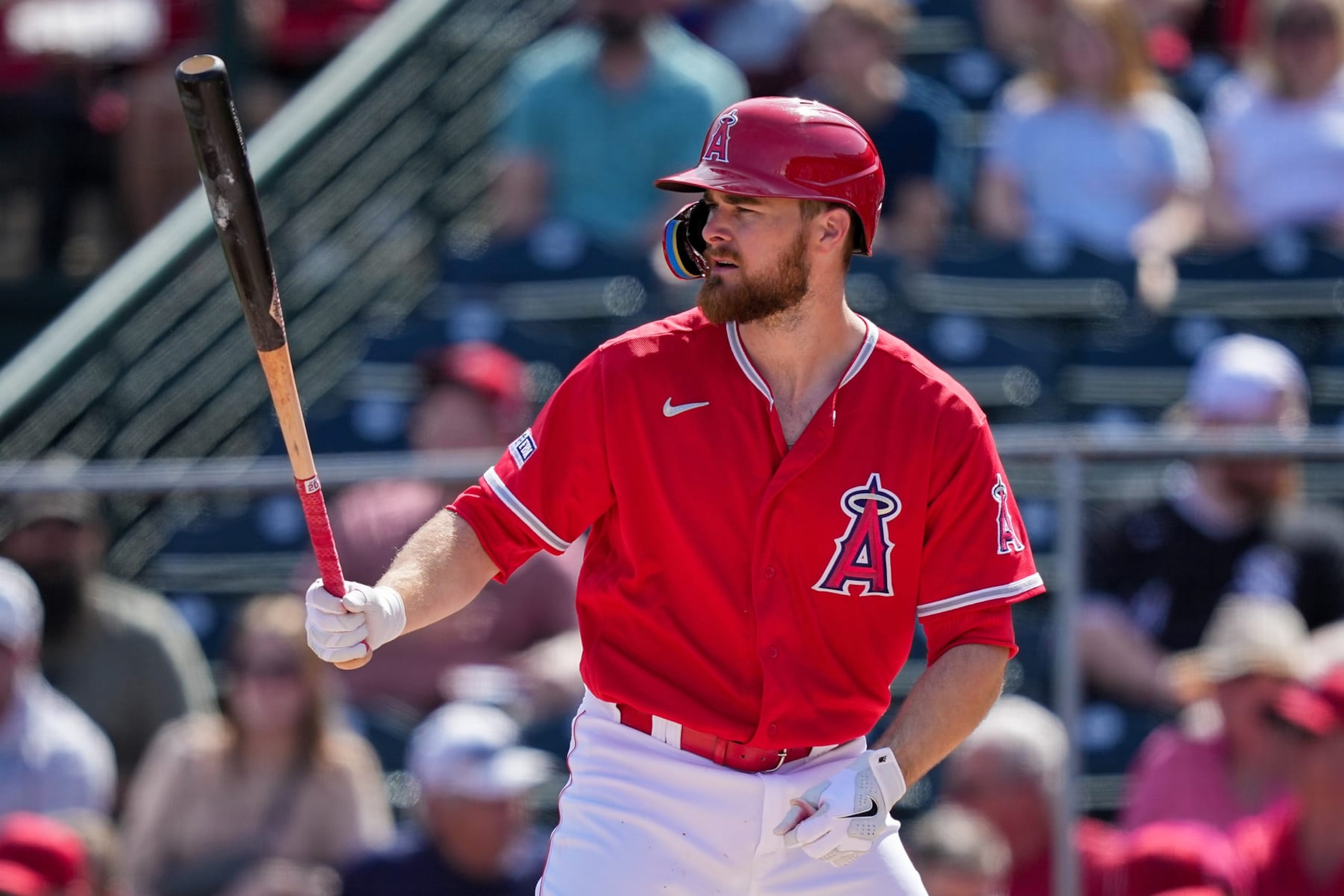 TEMPE, ARIZONA - MARCH 08: Jared Walsh #20 of the Los Angeles Angels bats in the first inning against the Colorado Rockies during a Spring Training game at Tempe Diablo Stadium on March 08, 2023 in Tempe, Arizona. (Photo by Dylan Buell/Getty Images)