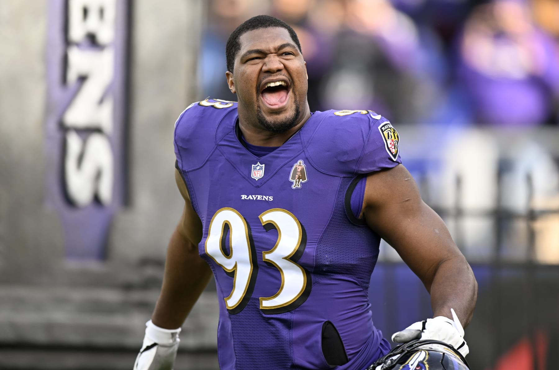 BALTIMORE, MARYLAND - DECEMBER 04: Calais Campbell #93 of the Baltimore Ravens is introduced before the game against the Denver Broncos at M&T Bank Stadium on December 04, 2022 in Baltimore, Maryland. (Photo by G Fiume/Getty Images)
