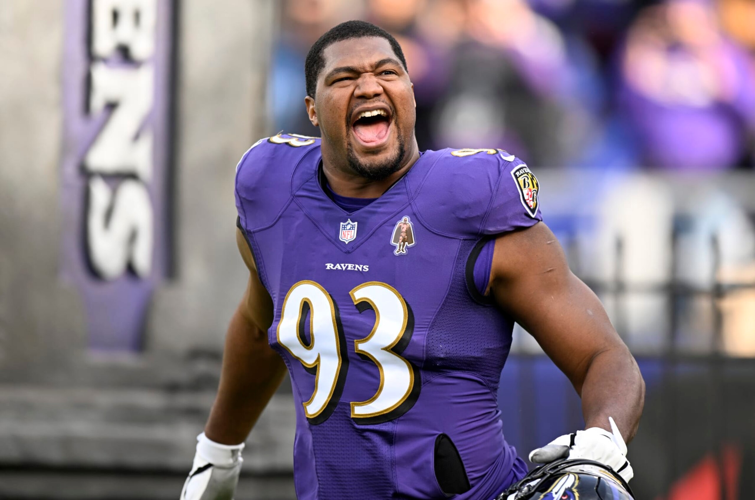BALTIMORE, MARYLAND - DECEMBER 04: Calais Campbell #93 of the Baltimore Ravens is introduced before the game against the Denver Broncos at M&T Bank Stadium on December 04, 2022 in Baltimore, Maryland. (Photo by G Fiume/Getty Images)