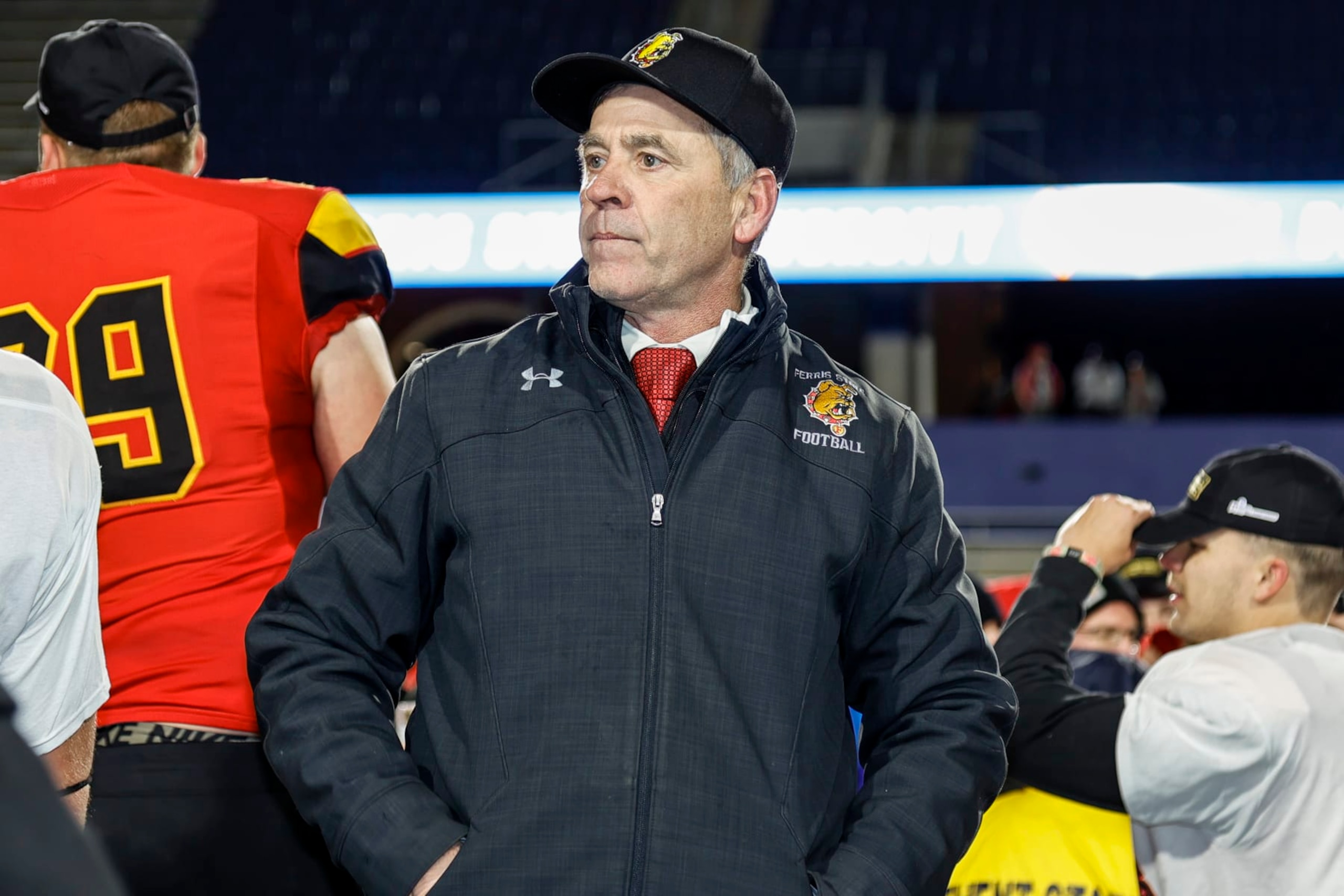 MCKINNEY, TX - DECEMBER 18: Ferris State Bulldogs head coach Tony Annese waits for the trophy presentation after the Division II Football Championship game between the Valdosta State Blazers and the Ferris State Bulldogs on December 18, 2021 at McKinney ISD Stadium in McKinney, Texas. (Photo by Matthew Pearce/Icon Sportswire via Getty Images) MCKINNEY, TX - DECEMBER 18: Ferris State Bulldogs head coach Tony Annese waits for the trophy presentation after the Division II Football Championship game between the Valdosta State Blazers and the Ferris State Bulldogs on December 18, 2021 at McKinney ISD Stadium in McKinney, Texas. (Photo by Matthew Pearce/Icon Sportswire via Getty Images)