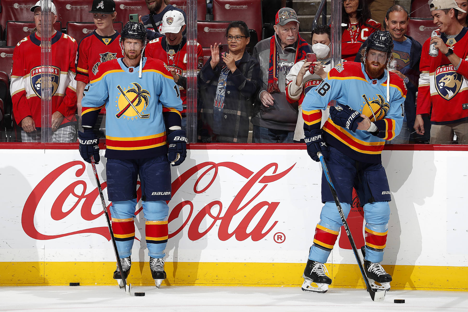 SUNRISE, FLORIDA - JANUARY 1: Eric Staal #12 and brother Marc Staal #18 of the Florida Panthers on the ice together during warm ups and their game against the New York Rangers at the FLA Live Arena on January 1, 2023 in Sunrise, Florida. (Photo by Eliot J. Schechter/NHLI via Getty Images)