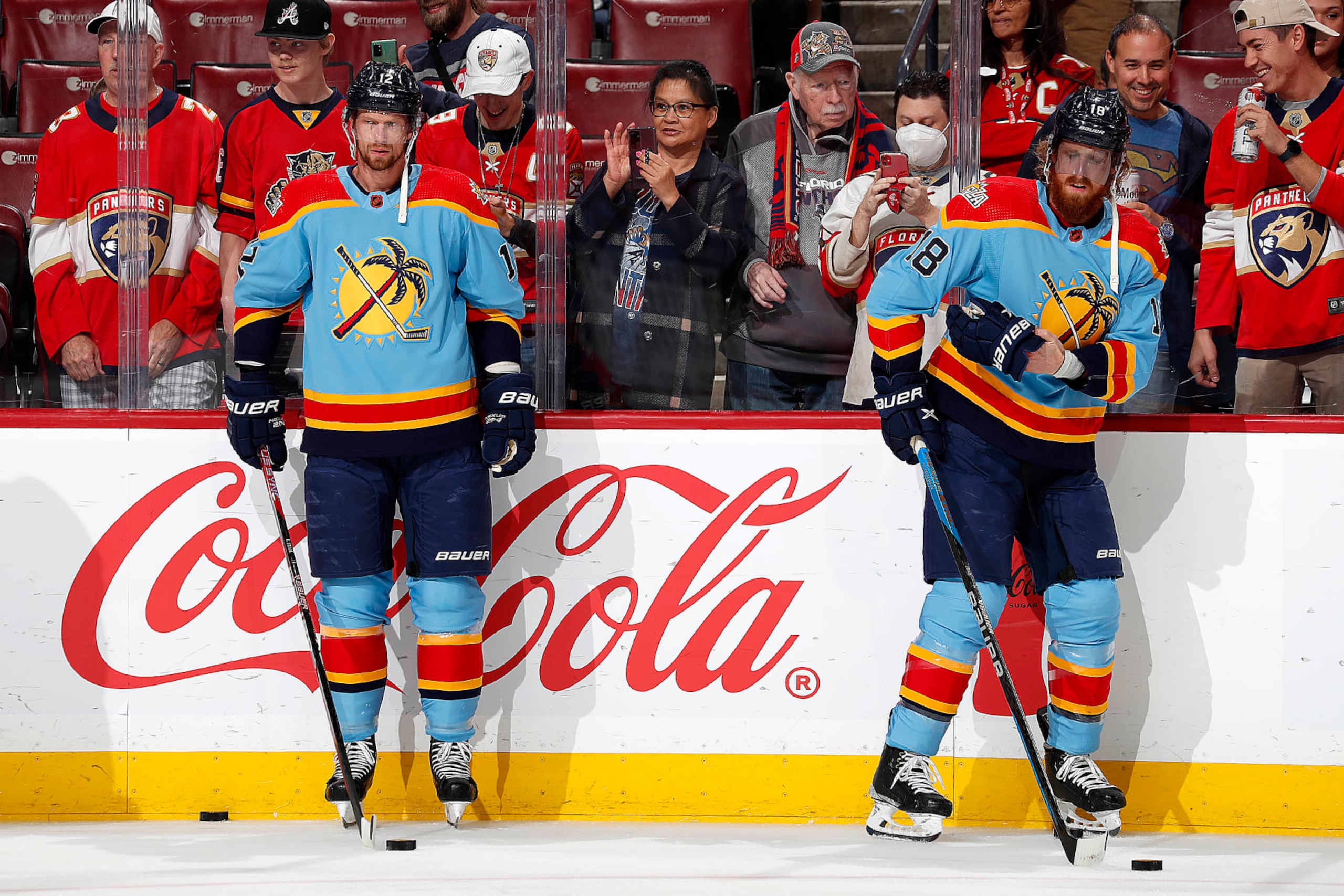SUNRISE, FLORIDA - JANUARY 1: Eric Staal #12 and brother Marc Staal #18 of the Florida Panthers on the ice together during warm ups and their game against the New York Rangers at the FLA Live Arena on January 1, 2023 in Sunrise, Florida. (Photo by Eliot J. Schechter/NHLI via Getty Images)