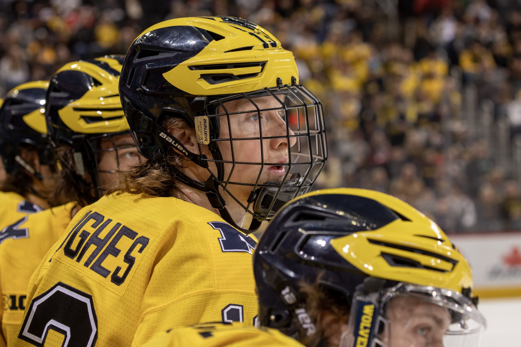 DETROIT, MI - FEBRUARY 11: Luke Hughes #43 of the Michigan Wolverines watches the action from the bench against the Michigan State Spartans during the first period of an NCAA Mens college hockey Dual in the D game at Little Caesars Arena on February 11, 2023 in Detroit, Michigan. The Wolverines defeated the Spartans 4-3 in O.T. (Photo by Dave Reginek/Getty Images)