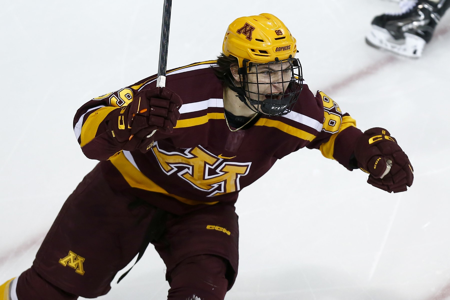 SOUTH BEND, IN - JANUARY 14: Minnesota Gophers forward Matthew Knies (89) celebrates his goal in the second period of play during a mens college Hockey game between the Minnesota Gophers and the Notre Dame Fighting Irish on January 14, 2023 at Compton Family Ice Arena in South Bend, IN. (Photo by Jeffrey Brown/Icon Sportswire via Getty Images)