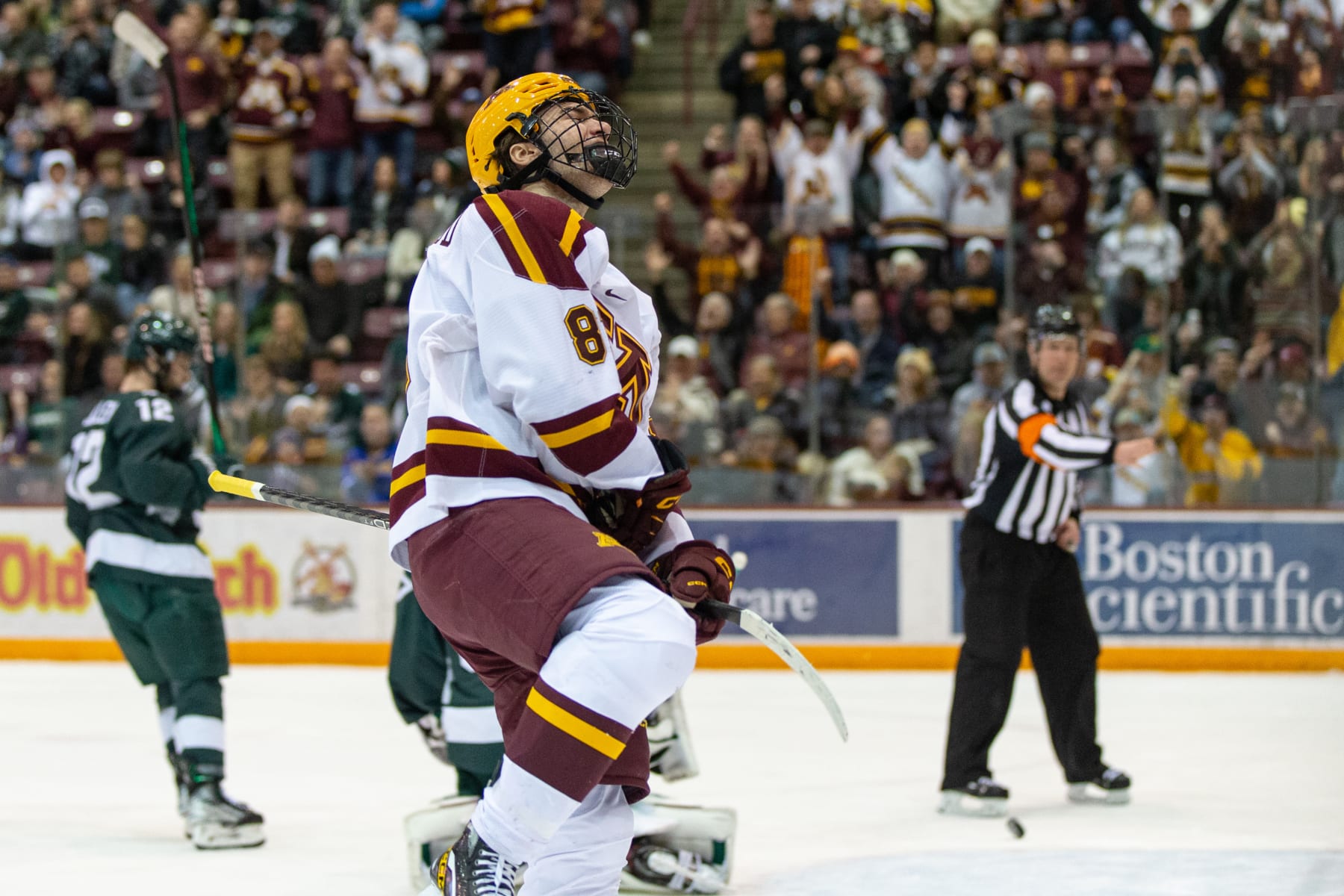 MINNEAPOLIS, MN - JANUARY 27: Minnesota Gophers forward Jimmy Snuggerud (81) celebrates a goal during the college hockey game between the Michigan State Spartans and the Minnesota Gophers on January 27th, 2022, at 3M Arena at Mariucci in Minneapolis, MN. (Photo by Bailey Hillesheim/Icon Sportswire via Getty Images)