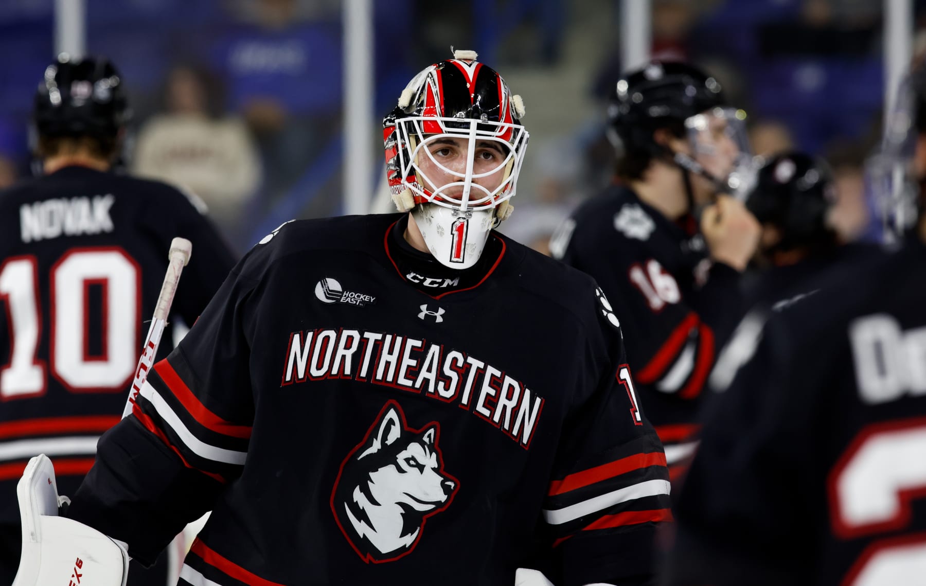 LOWELL, MA - MARCH 3: Devon Levi #1 of the Northeastern Huskies tends goal against the UMass Lowell River Hawks during NCAA men's hockey at the Tsongas Center on March 3, 2023 in Lowell, Massachusetts. The River Hawks won 3-1. (Photo by Richard T Gagnon/Getty Images)