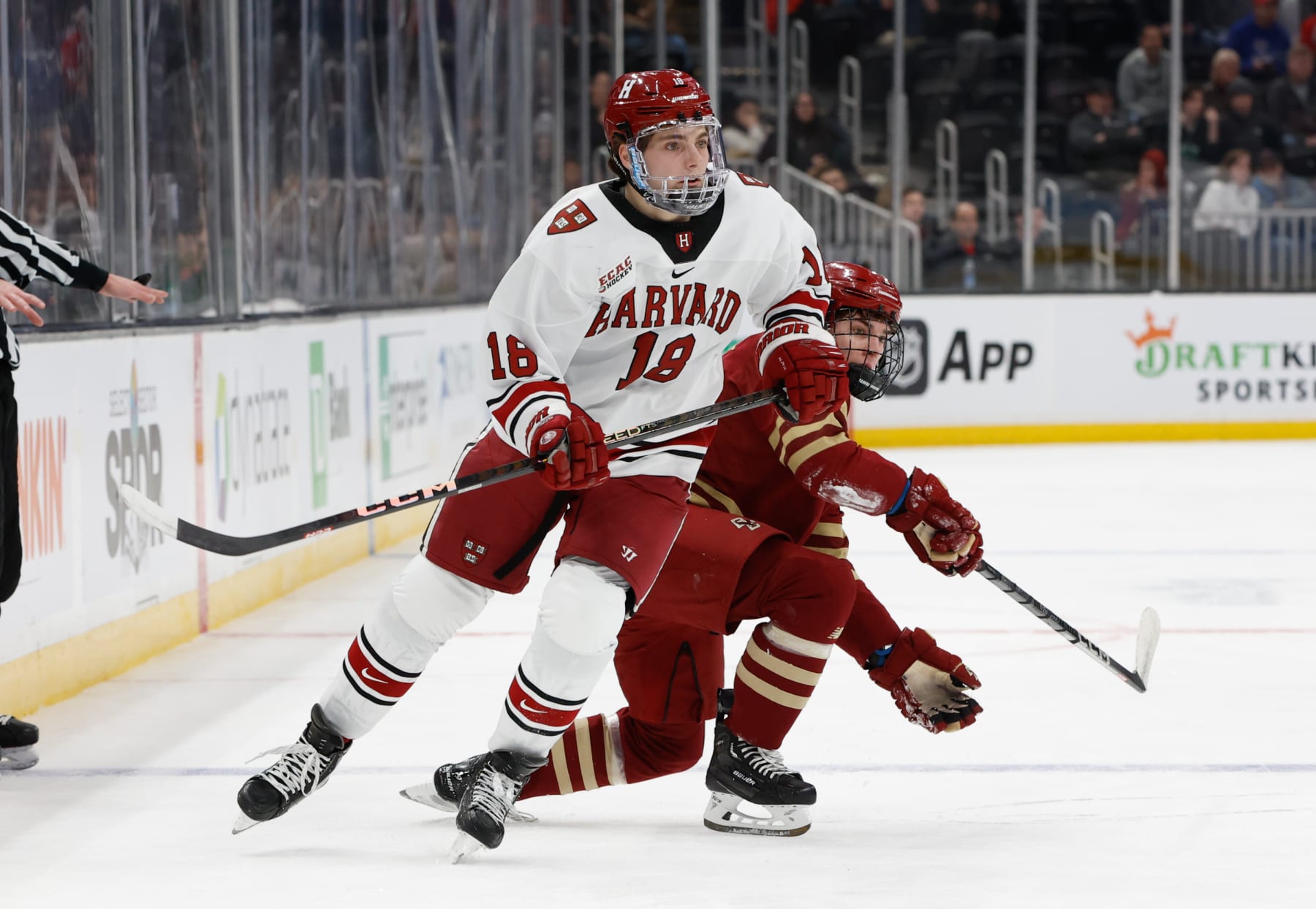 BOSTON, MA - FEBRUARY 6: Alex Laferriere #18 of the Harvard Crimson skates against the Boston College Eagles during NCAA hockey in the semifinals of the annual Beanpot Hockey Tournament at TD Garden on February 6, 2023 in Boston, Massachusetts. The Crimson won 4-3 in overtime on a goal with 1.5 seconds remaining. (Photo by Richard T Gagnon/Getty Images)