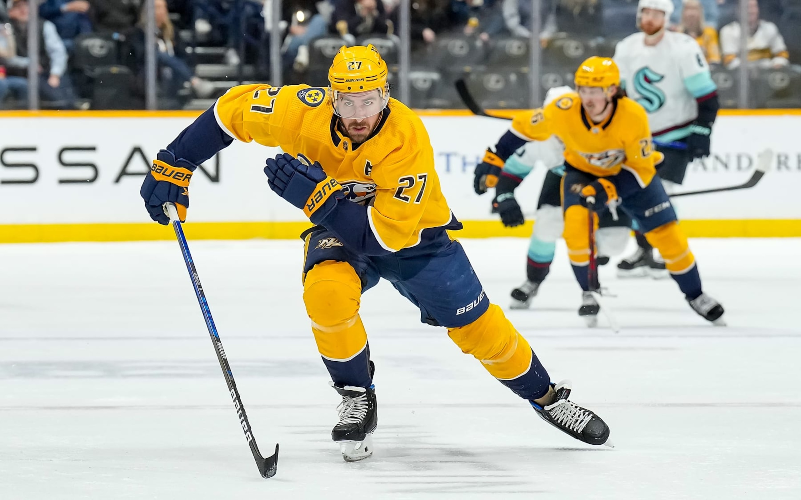 NASHVILLE, TENNESSEE - MARCH 23: Ryan McDonagh #27 of the Nashville Predators skates against the Seattle Kraken during an NHL game at Bridgestone Arena on March 23, 2023 in Nashville, Tennessee. (Photo by John Russell/NHLI via Getty Images)
