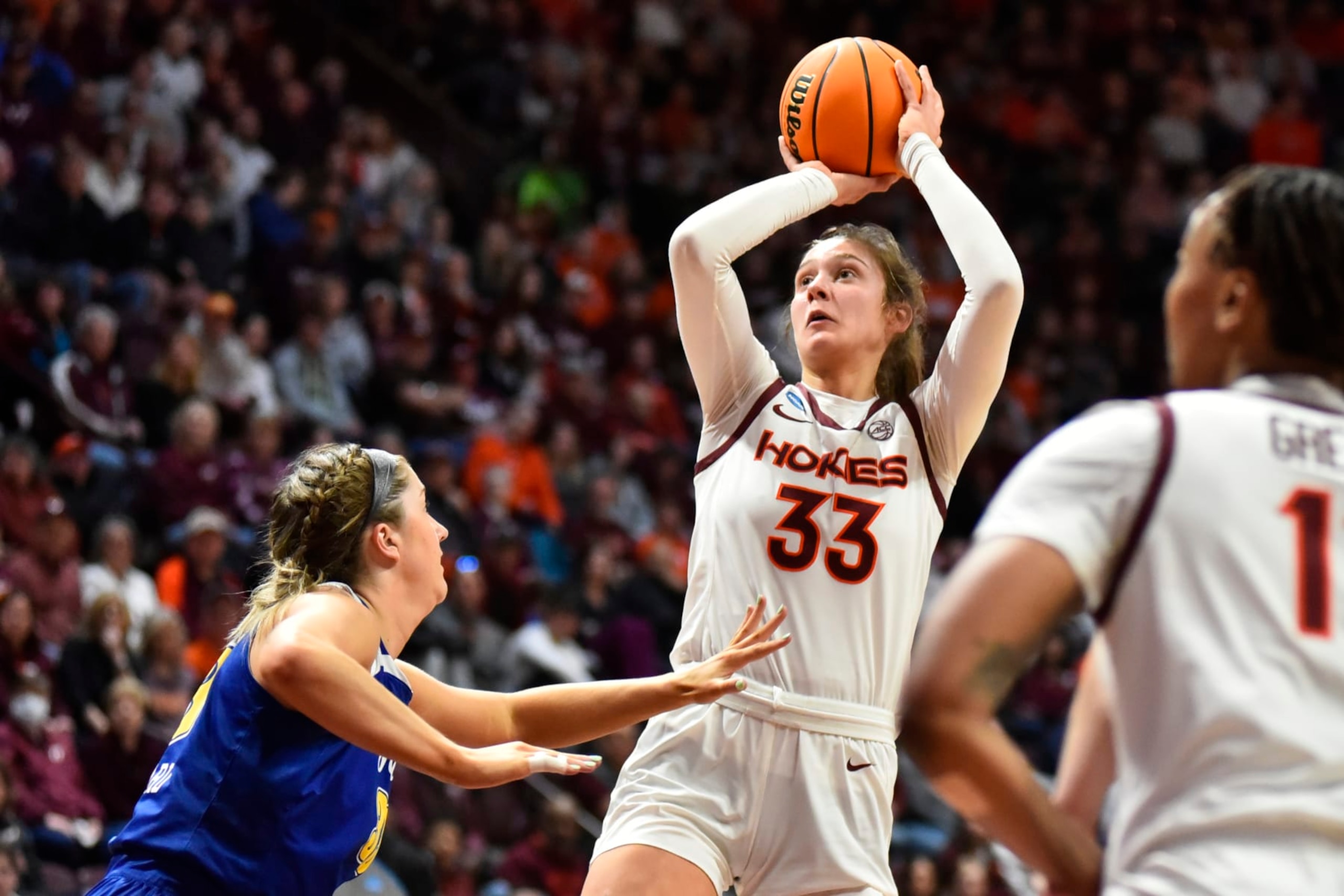 BLACKSBURG, VA - MARCH 19: Virginia Tech Hokies center Elizabeth Kitley (33) shoots a jump shot during the Virginia Tech Hokies game versus the South Dakota State Jackrabbits game in the second round of the NCAA Women's Basketball Championship Seattle Regional 3 on March 19, 2023 at Cassell Coliseum in Blacksburg, VA.(Photo by Brian Bishop/Icon Sportswire via Getty Images)