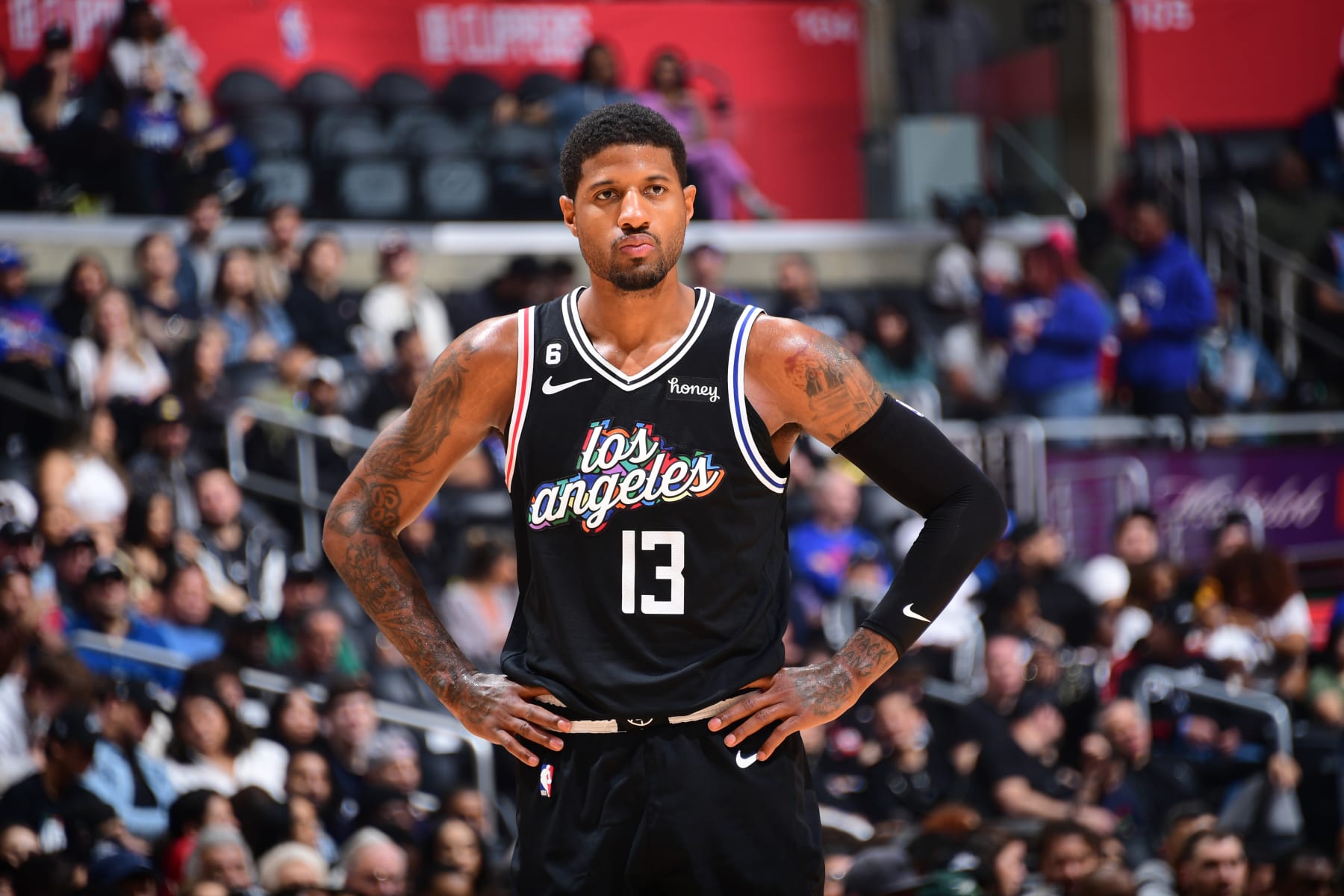 LOS ANGELES, CA - MARCH 18: Paul George #13 of the LA Clippers looks on during the game against the Orlando Magic on March 18, 2023 at Crypto.Com Arena in Los Angeles, California. NOTE TO USER: User expressly acknowledges and agrees that, by downloading and/or using this Photograph, user is consenting to the terms and conditions of the Getty Images License Agreement. Mandatory Copyright Notice: Copyright 2023 NBAE (Photo by Adam Pantozzi/NBAE via Getty Images)