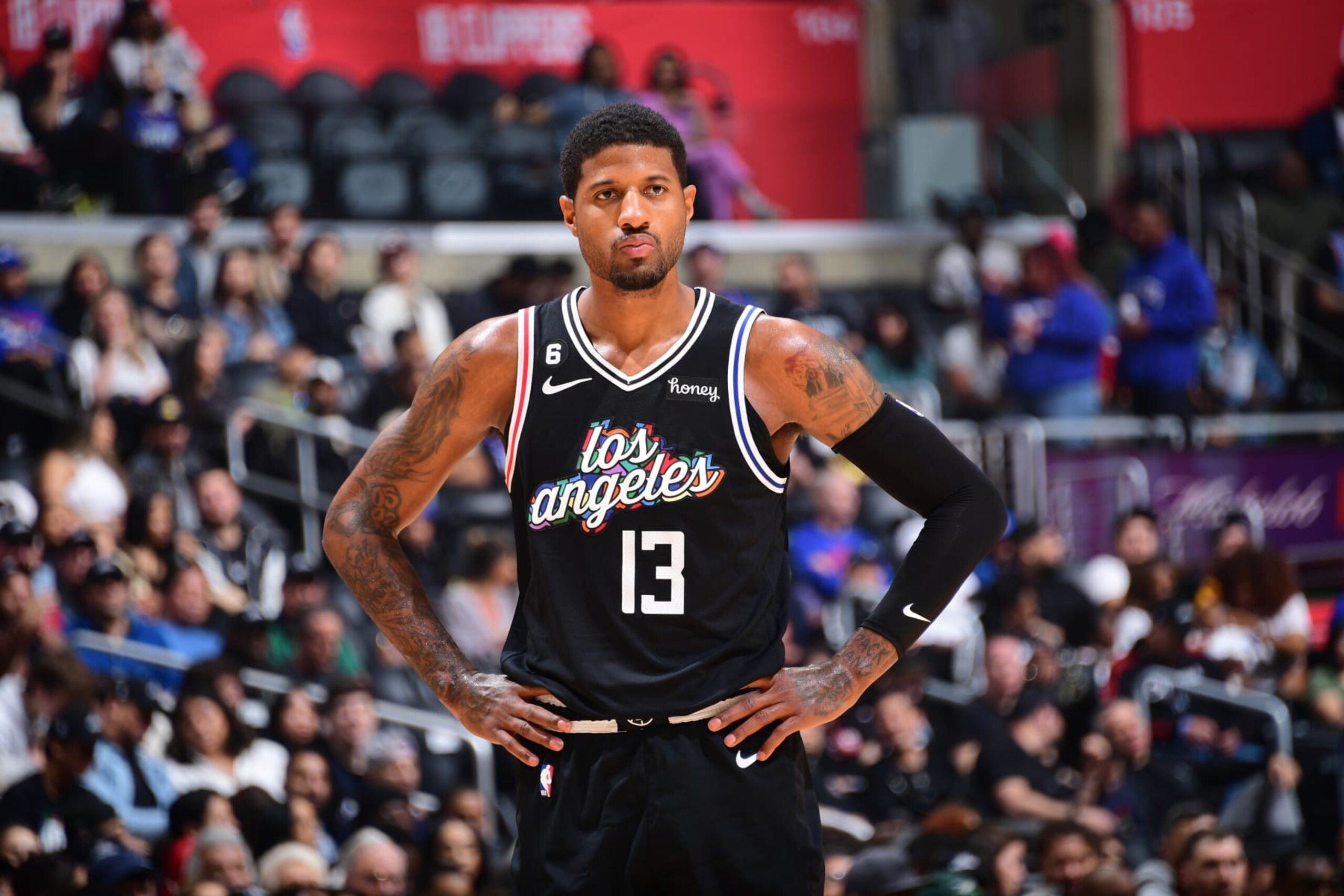 LOS ANGELES, CA - MARCH 18: Paul George #13 of the LA Clippers looks on during the game against the Orlando Magic on March 18, 2023 at Crypto.Com Arena in Los Angeles, California. NOTE TO USER: User expressly acknowledges and agrees that, by downloading and/or using this Photograph, user is consenting to the terms and conditions of the Getty Images License Agreement. Mandatory Copyright Notice: Copyright 2023 NBAE (Photo by Adam Pantozzi/NBAE via Getty Images)