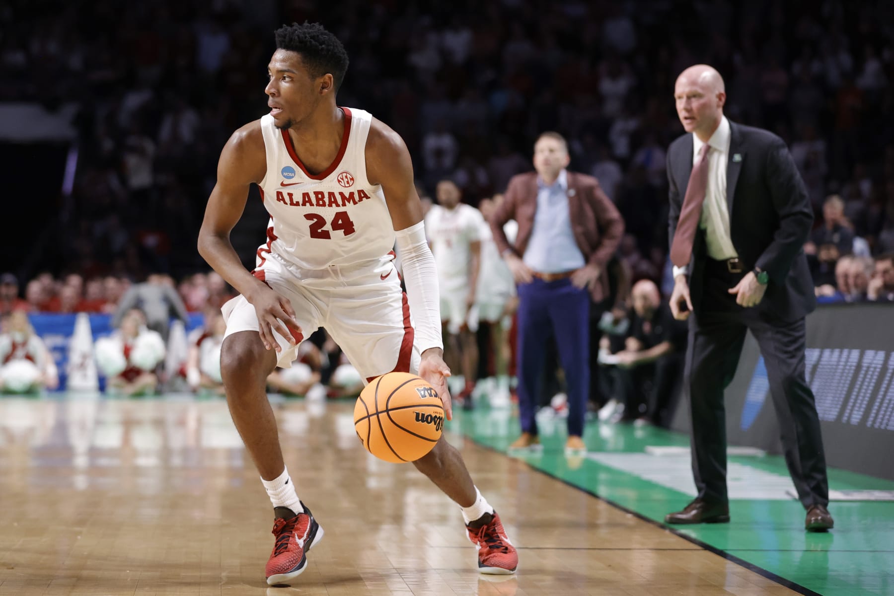 BIRMINGHAM, ALABAMA - MARCH 18: Brandon Miller #24 of the Alabama Crimson Tide drives during the first half against the Maryland Terrapins in the second round of the NCAA Men's Basketball Tournament at Legacy Arena at the BJCC on March 18, 2023 in Birmingham, Alabama. (Photo by Alex Slitz/Getty Images)