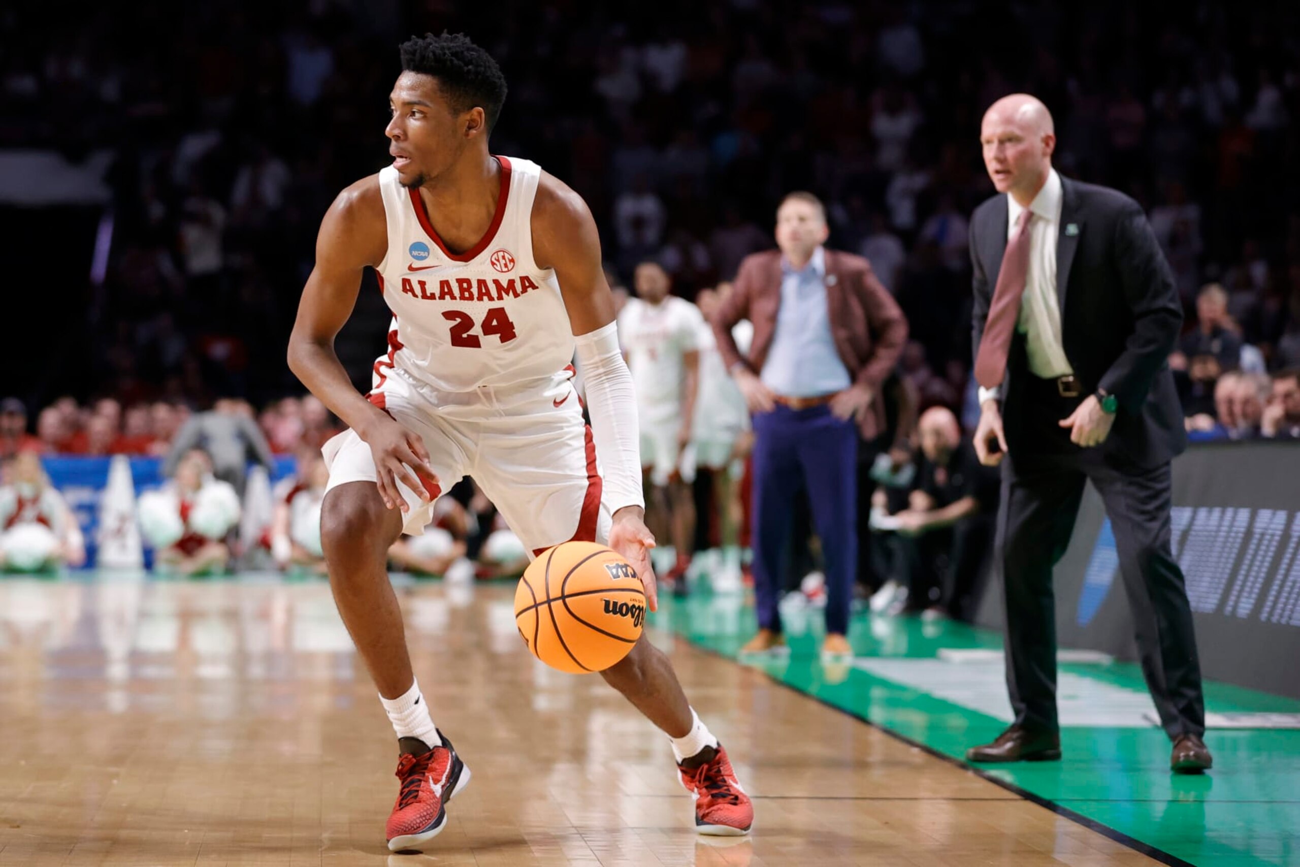 BIRMINGHAM, ALABAMA - MARCH 18: Brandon Miller #24 of the Alabama Crimson Tide drives during the first half against the Maryland Terrapins in the second round of the NCAA Men's Basketball Tournament at Legacy Arena at the BJCC on March 18, 2023 in Birmingham, Alabama. (Photo by Alex Slitz/Getty Images)