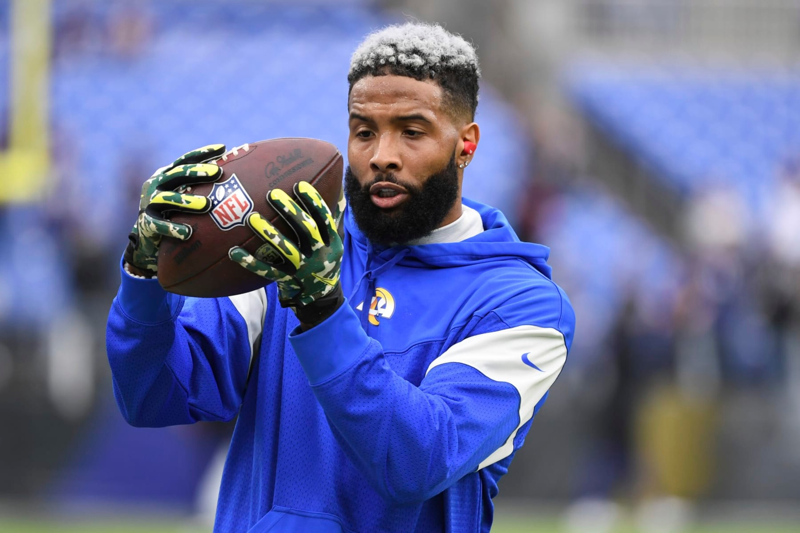 Los Angeles Rams wide receiver Odell Beckham Jr. (3) catches the ball during pre-game warm-ups before an NFL football game against the Baltimore Ravens, Sunday, Jan. 2, 2022, in Baltimore. (AP Photo/Terrance Williams)