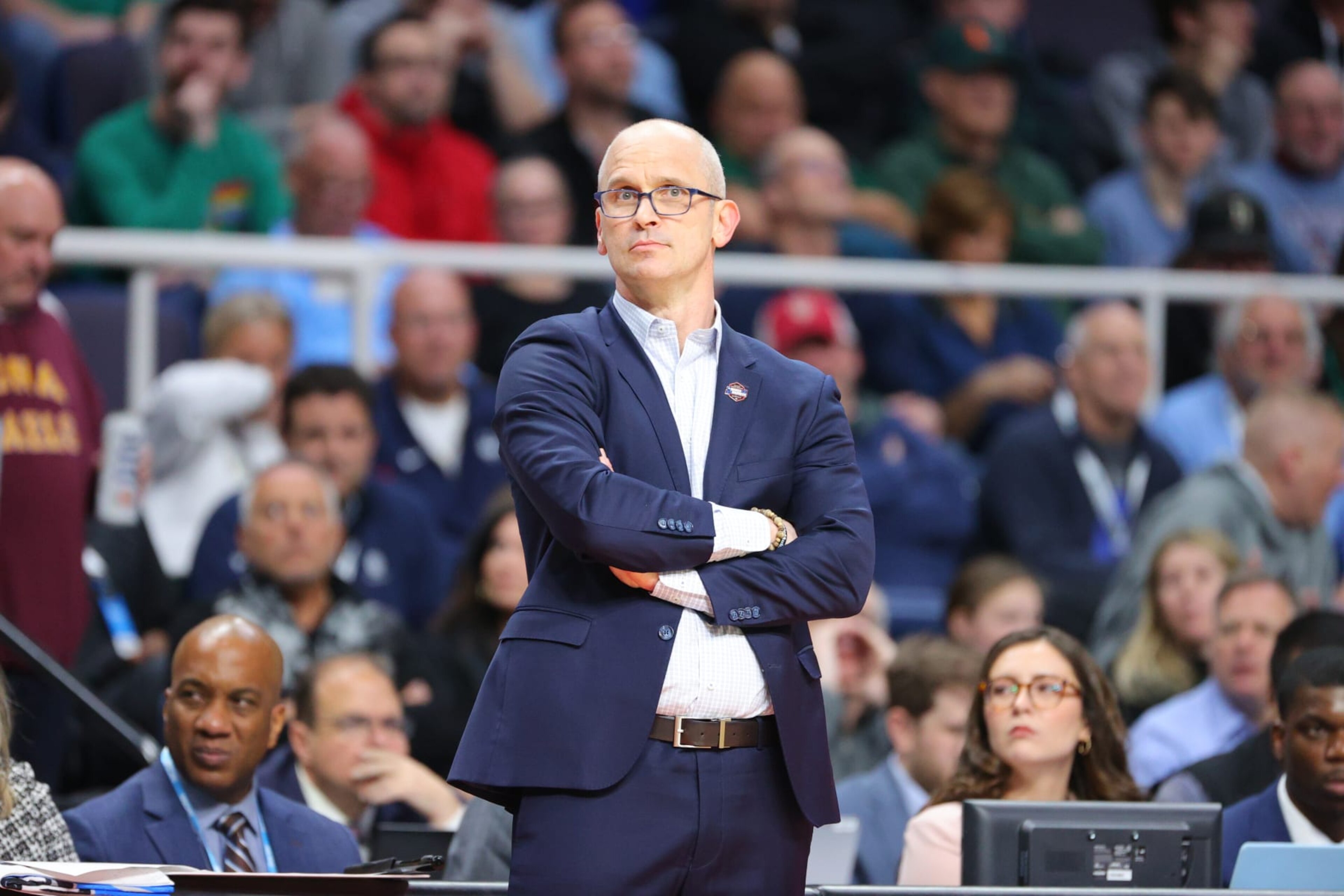 ALBANY, NY - MARCH 17: Head coach Dan Hurley of the Connecticut Huskies looks on during the first half against the Iona Gaels during the first round of the 2023 NCAA Men's Basketball Tournament held at MVP Arena on March 17, 2023 in Albany, New York. (Photo by C. Morgan Engel/NCAA Photos via Getty Images) ALBANY, NY - MARCH 17: Head coach Dan Hurley of the Connecticut Huskies looks on during the first half against the Iona Gaels during the first round of the 2023 NCAA Men's Basketball Tournament held at MVP Arena on March 17, 2023 in Albany, New York. (Photo by C. Morgan Engel/NCAA Photos via Getty Images)