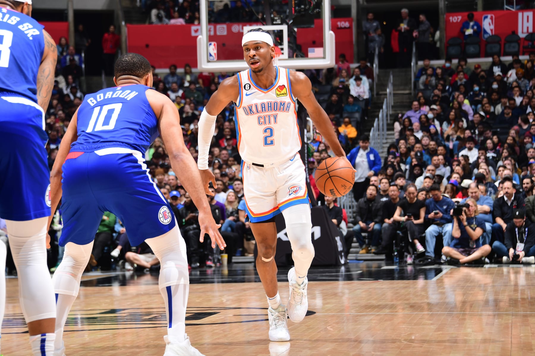 LOS ANGELES, CA - MARCH 21: Shai Gilgeous-Alexander #2 of the Oklahoma City Thunder dribbles the ball during the game against the LA Clippers on March 21, 2023 at Crypto.Com Arena in Los Angeles, California. NOTE TO USER: User expressly acknowledges and agrees that, by downloading and/or using this Photograph, user is consenting to the terms and conditions of the Getty Images License Agreement. Mandatory Copyright Notice: Copyright 2023 NBAE (Photo by Adam Pantozzi/NBAE via Getty Images)