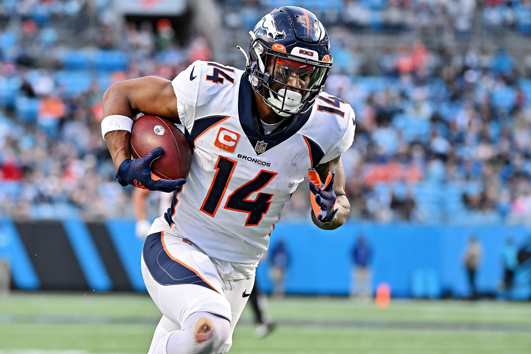 CHARLOTTE, NORTH CAROLINA - NOVEMBER 27: Courtland Sutton #14 of the Denver Broncos runs with the ball during the second half at Bank of America Stadium on November 27, 2022 in Charlotte, North Carolina. (Photo by Grant Halverson/Getty Images)