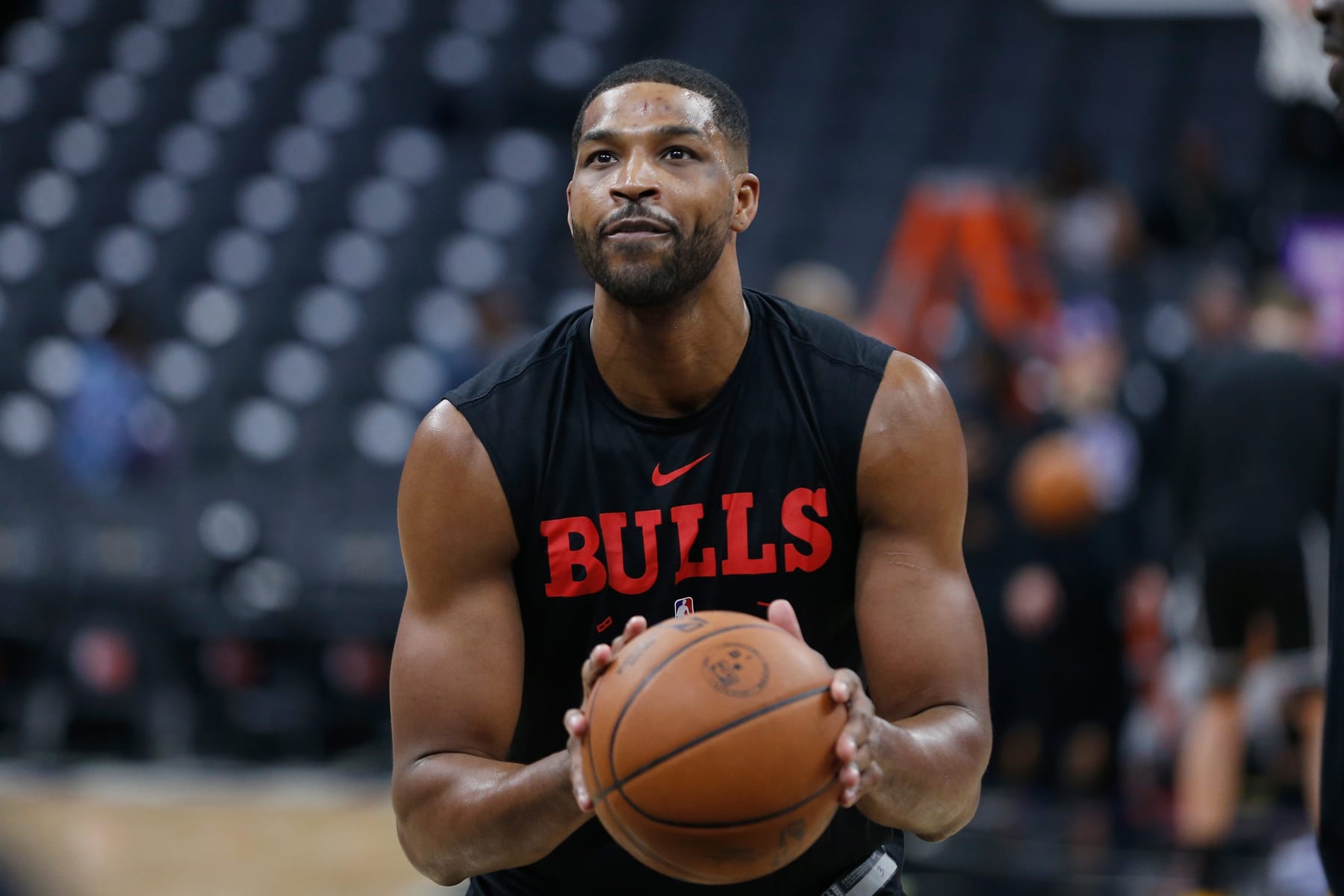 SACRAMENTO, CALIFORNIA - MARCH 14: Tristan Thompson #3 of the Chicago Bulls warms up before the game against the Sacramento Kings at Golden 1 Center on March 14, 2022 in Sacramento, California. NOTE TO USER: User expressly acknowledges and agrees that, by downloading and/or using this photograph, User is consenting to the terms and conditions of the Getty Images License Agreement. (Photo by Lachlan Cunningham/Getty Images)