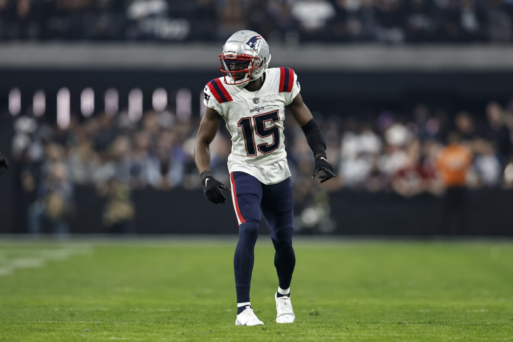 LAS VEGAS, NEVADA - DECEMBER 18: Nelson Agholor #15 of the New England Patriots lines up during an NFL football game between the Las Vegas Raiders and the New England Patriots at Allegiant Stadium on December 18, 2022 in Las Vegas, Nevada. (Photo by Michael Owens/Getty Images)