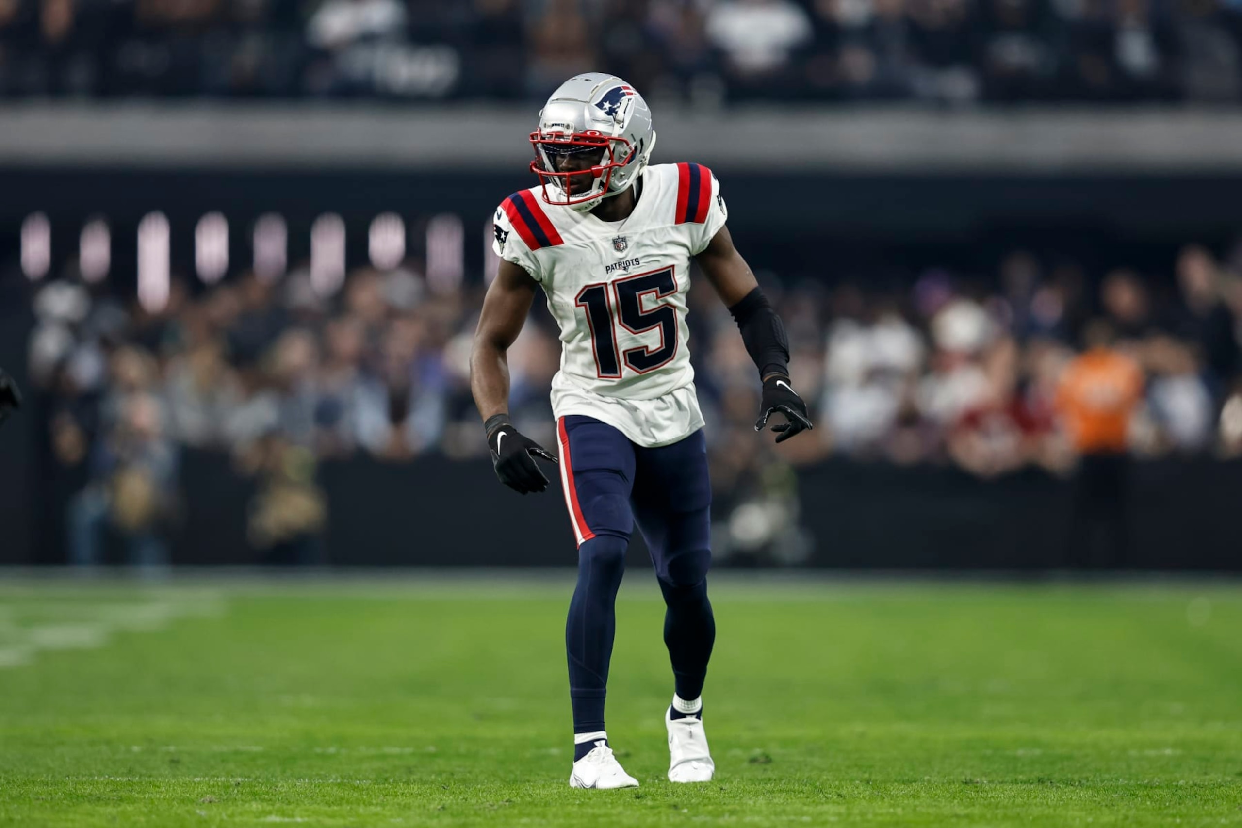 LAS VEGAS, NEVADA - DECEMBER 18: Nelson Agholor #15 of the New England Patriots lines up during an NFL football game between the Las Vegas Raiders and the New England Patriots at Allegiant Stadium on December 18, 2022 in Las Vegas, Nevada. (Photo by Michael Owens/Getty Images)