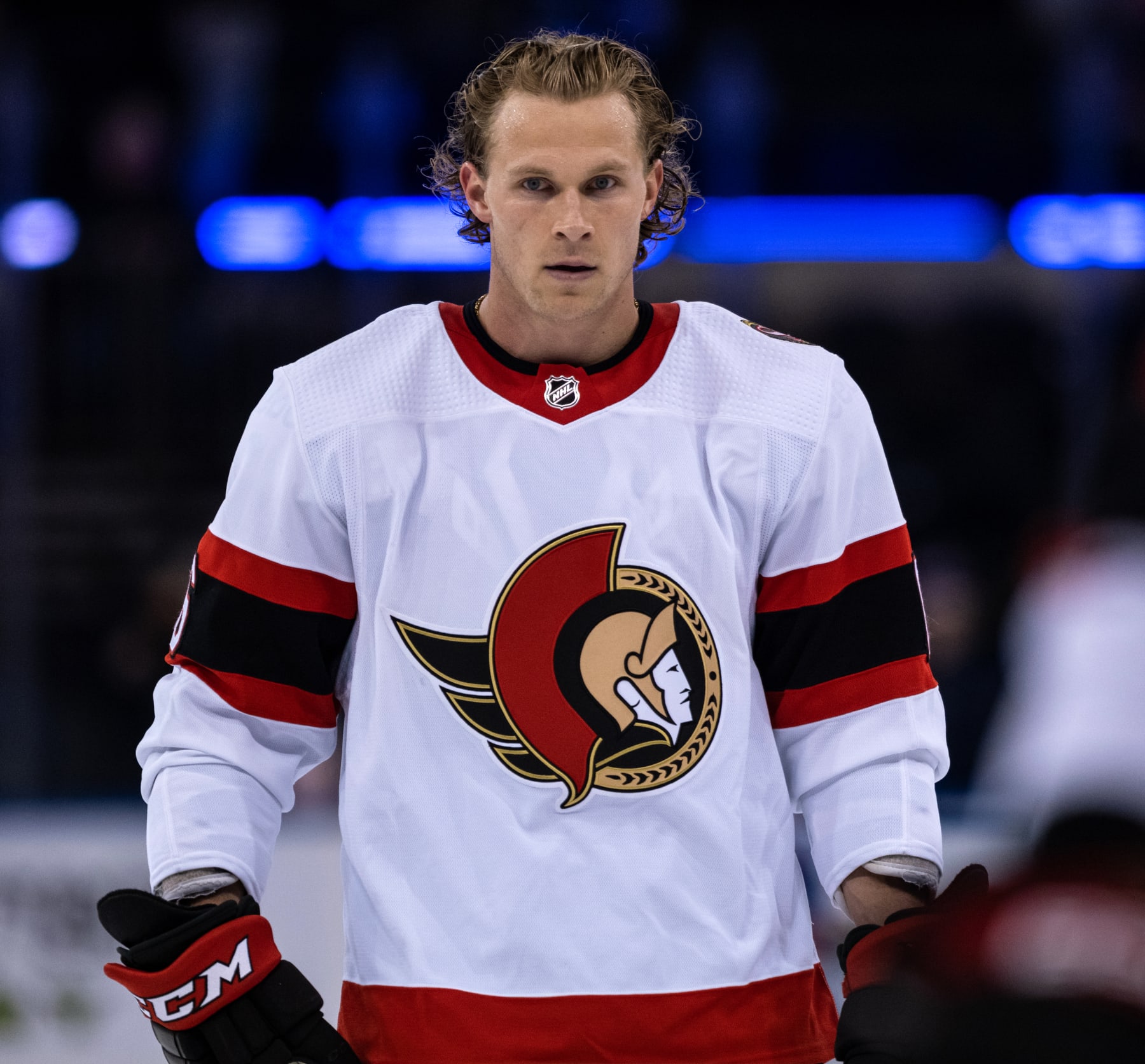 Former Arizona Coyotes defenseman Jakob Chychrun during warm-ups before his debut with the Ottawa Senators. 