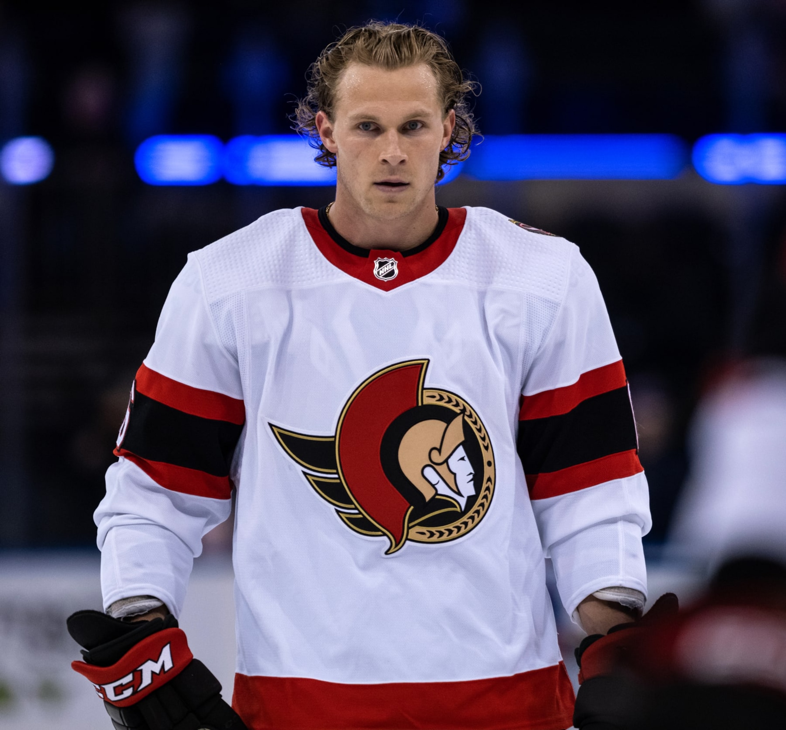 Former Arizona Coyotes defenseman Jakob Chychrun during warm-ups before his debut with the Ottawa Senators. 