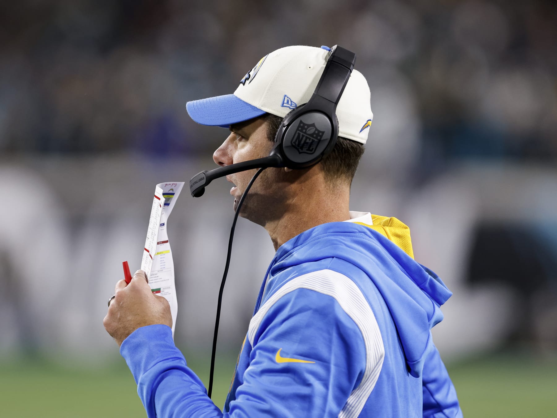 JACKSONVILLE, FL - JANUARY 14: Head Coach Brandon Staley of the Los Angeles Chargers on the sidelines during the AFC Wild Card Playoffs game against the Jacksonville Jaguars at TIAA Bank Field on January 14, 2023 in Jacksonville, Florida. The Jaguars defeated the Chargers 31 to 30. (Photo by Don Juan Moore/Getty Images)