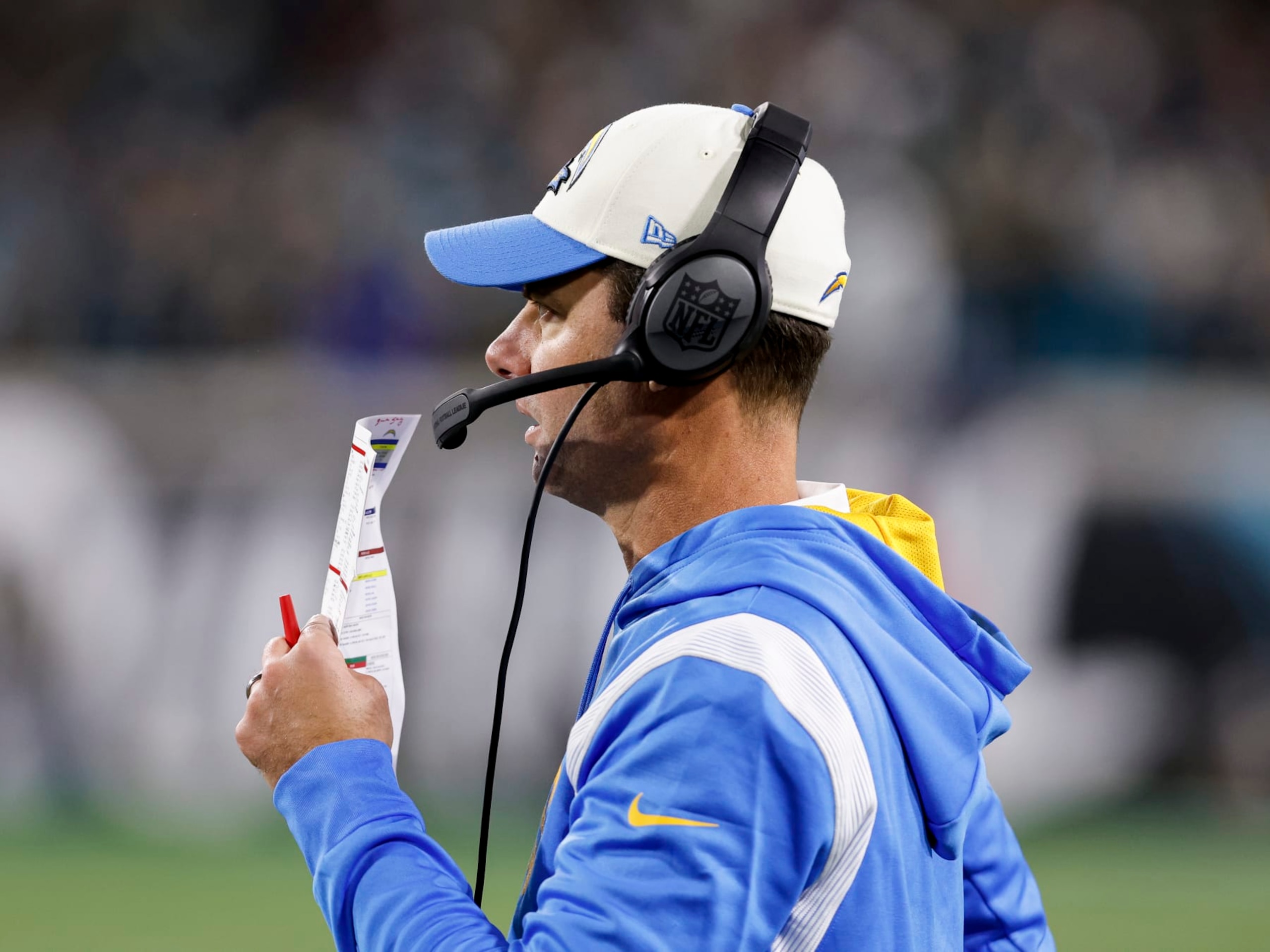 JACKSONVILLE, FL - JANUARY 14: Head Coach Brandon Staley of the Los Angeles Chargers on the sidelines during the AFC Wild Card Playoffs game against the Jacksonville Jaguars at TIAA Bank Field on January 14, 2023 in Jacksonville, Florida. The Jaguars defeated the Chargers 31 to 30. (Photo by Don Juan Moore/Getty Images)