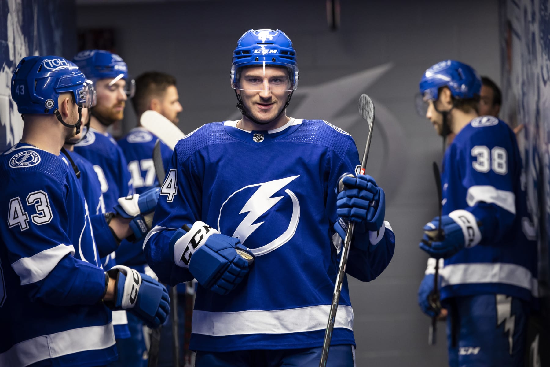 TAMPA, FL - MARCH 12: Tanner Jeannot #84 of the Tampa Bay Lightning before the game against the Winnipeg Jets at Amalie Arena on March 12, 2023 in Tampa, Florida. (Photo by Mark LoMoglio/NHLI via Getty Images)