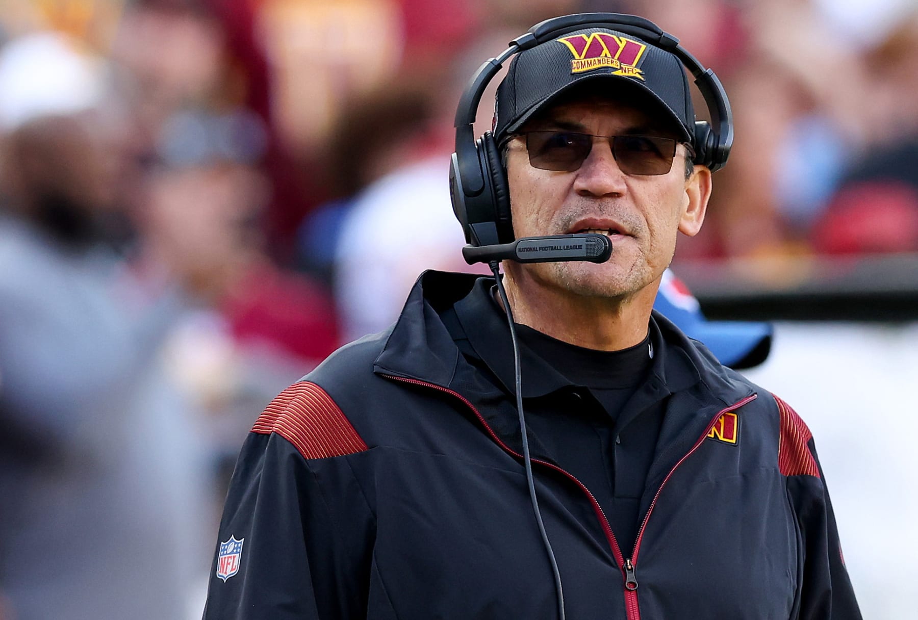 LANDOVER, MARYLAND - JANUARY 01: Head coach Ron Rivera of the Washington Commanders looks on against the Cleveland Browns during the first half of the game at FedExField on January 01, 2023 in Landover, Maryland. (Photo by Todd Olszewski/Getty Images)