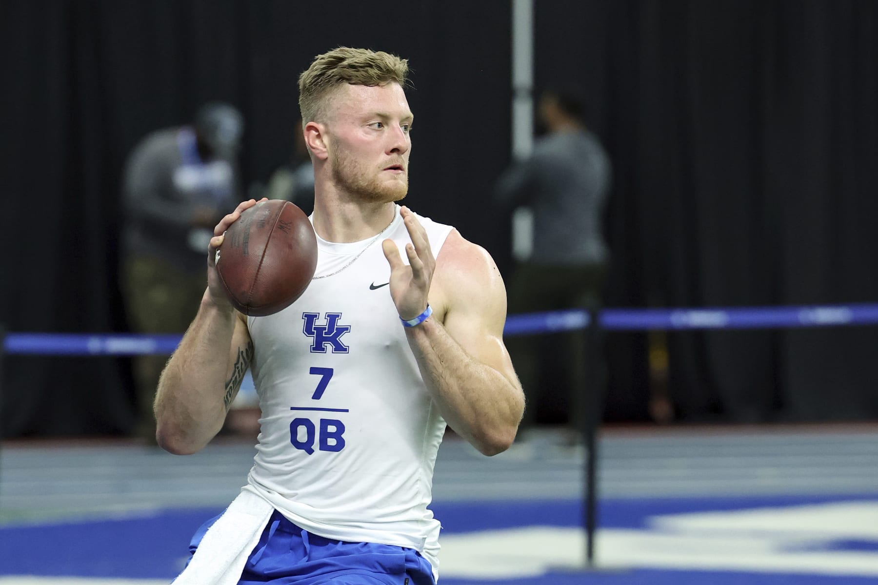 Kentucky's Will Levis warms up during the NCAA college football team's NFL Pro Day in Lexington, Ky., Friday, March 24, 2023. (AP Photo/James Crisp)