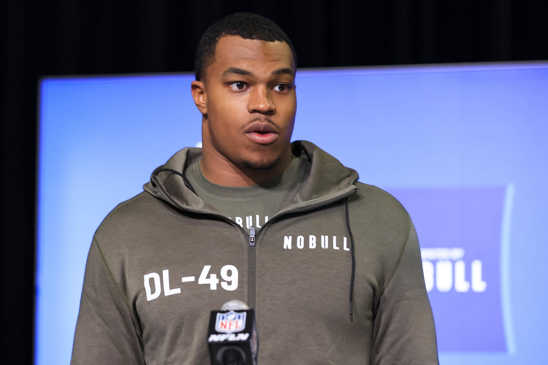 INDIANAPOLIS, INDIANA - MARCH 01: Defensive lineman Tyree Wilson of Texas Tech speaks to the media during the NFL Combine at Lucas Oil Stadium on March 01, 2023 in Indianapolis, Indiana. (Photo by Justin Casterline/Getty Images)