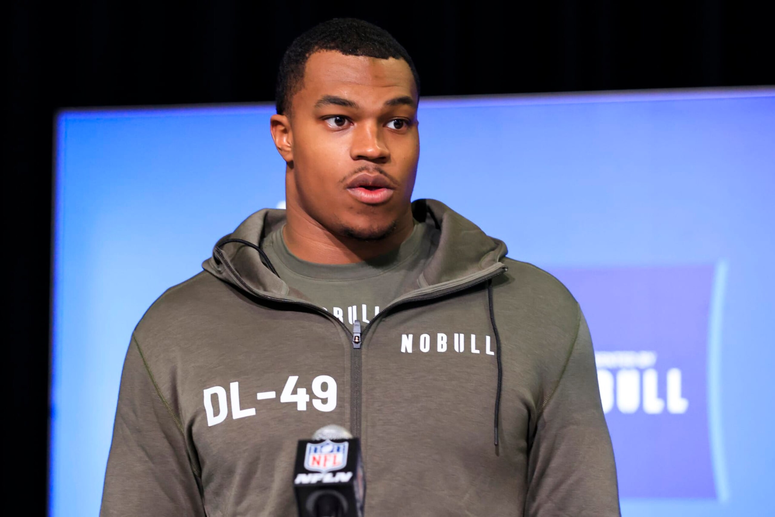INDIANAPOLIS, INDIANA - MARCH 01: Defensive lineman Tyree Wilson of Texas Tech speaks to the media during the NFL Combine at Lucas Oil Stadium on March 01, 2023 in Indianapolis, Indiana. (Photo by Justin Casterline/Getty Images)