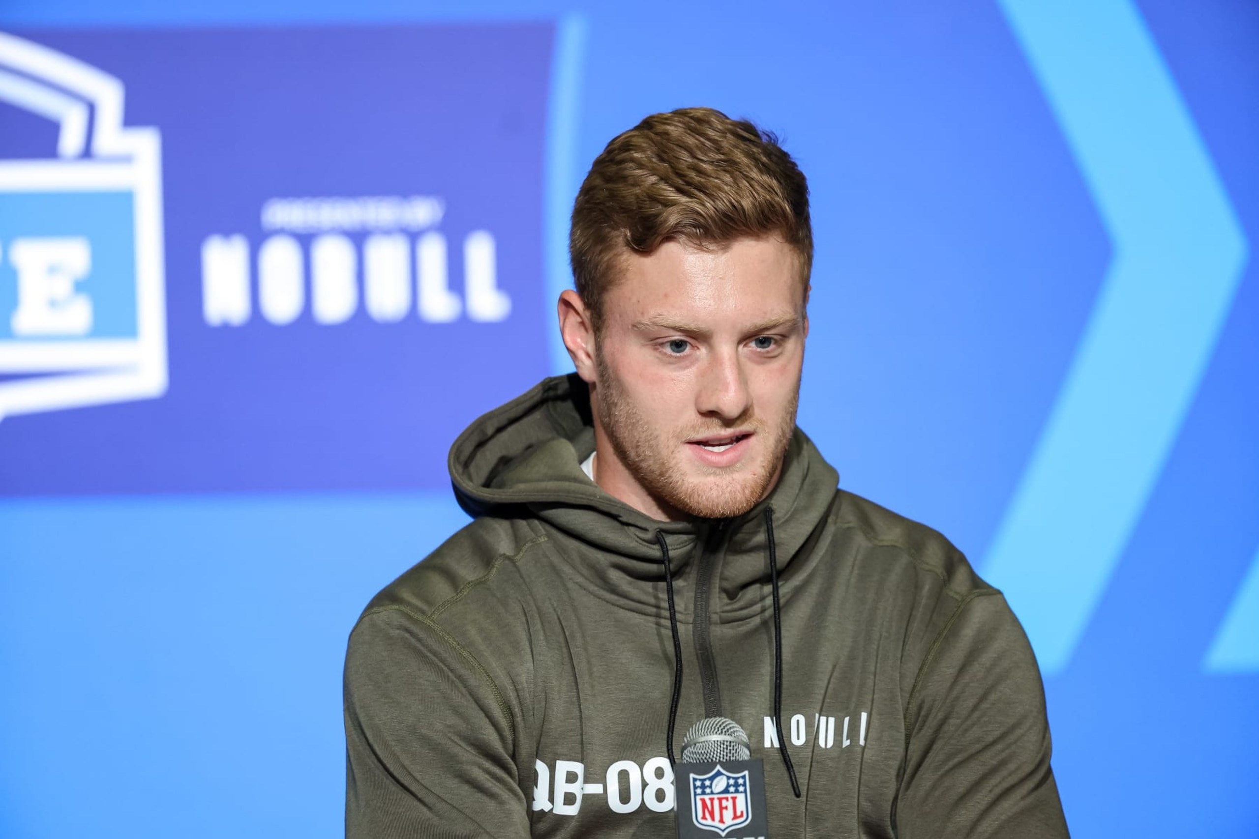 INDIANAPOLIS, IN - MARCH 03: Quarterback Will Levis of Kentucky speaks to the media during the NFL Combine at Lucas Oil Stadium on March 3, 2023 in Indianapolis, Indiana. (Photo by Michael Hickey/Getty Images)