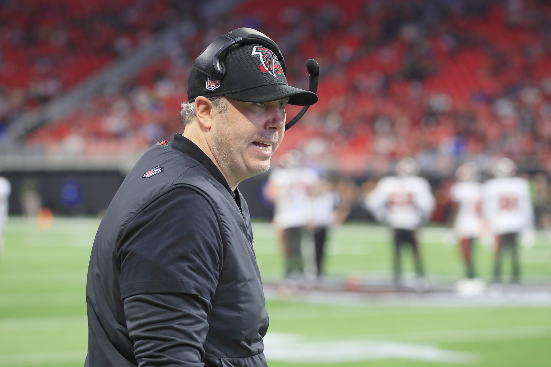 ATLANTA, GA - JANUARY 08: Atlanta Falcons head coach Arthur Smith argues with an Official during the Sunday afternoon NFL game between the Tampa Bay Buccaneers and the Atlanta Falcons on January 8, 2023 at the Mercedes-Benz Stadium in Atlanta, Georgia.  (Photo by David J. Griffin/Icon Sportswire via Getty Images)