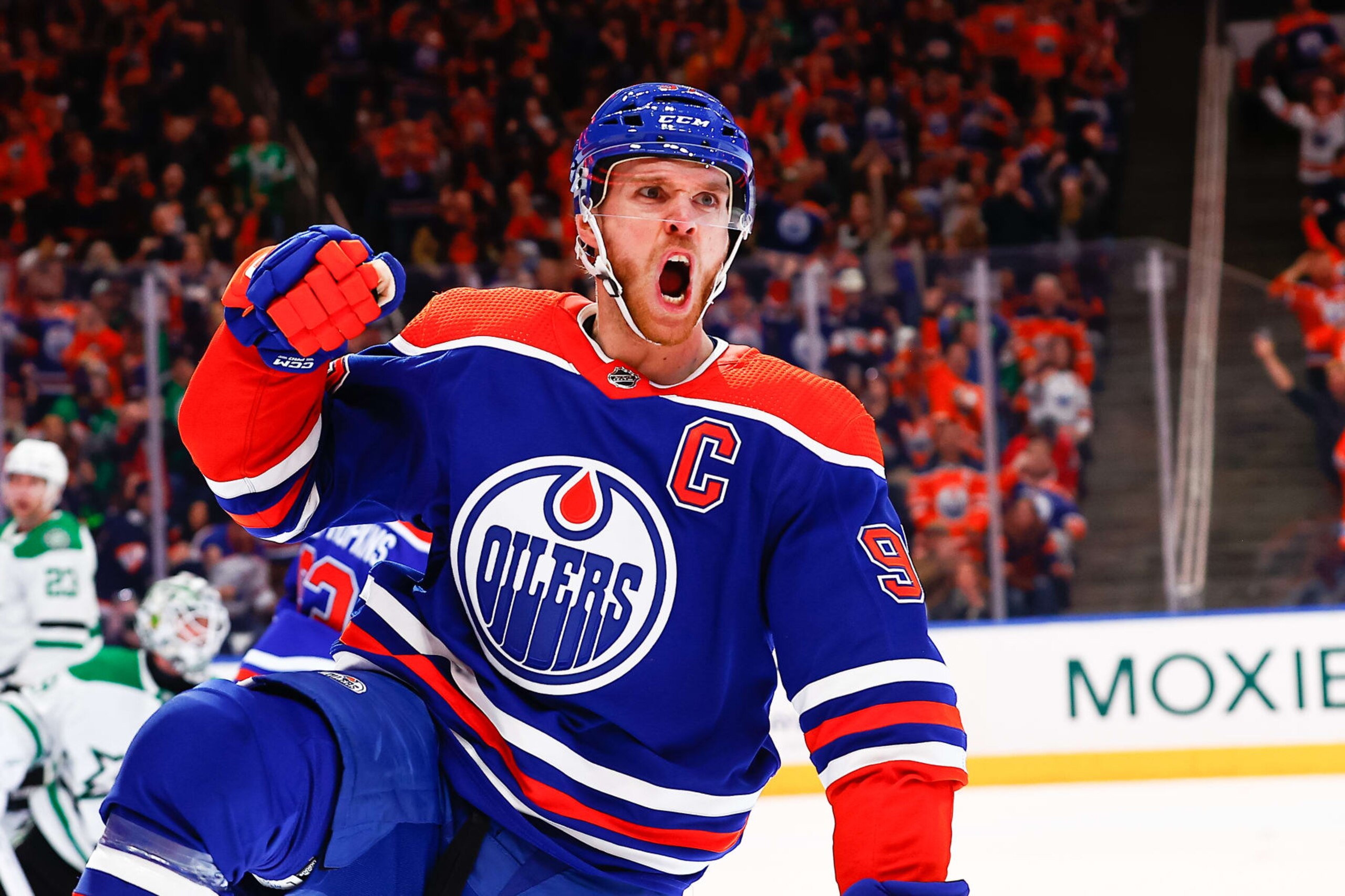 EDMONTON, AB - MARCH 16: Edmonton Oilers Center Connor McDavid (97) celebrates his goal and 131st point in the third period of the Edmonton Oilers game versus the Dallas Stars on March 16, 2023 at Rogers Place in Edmonton, AB. (Photo by Curtis Comeau/Icon Sportswire via Getty Images)